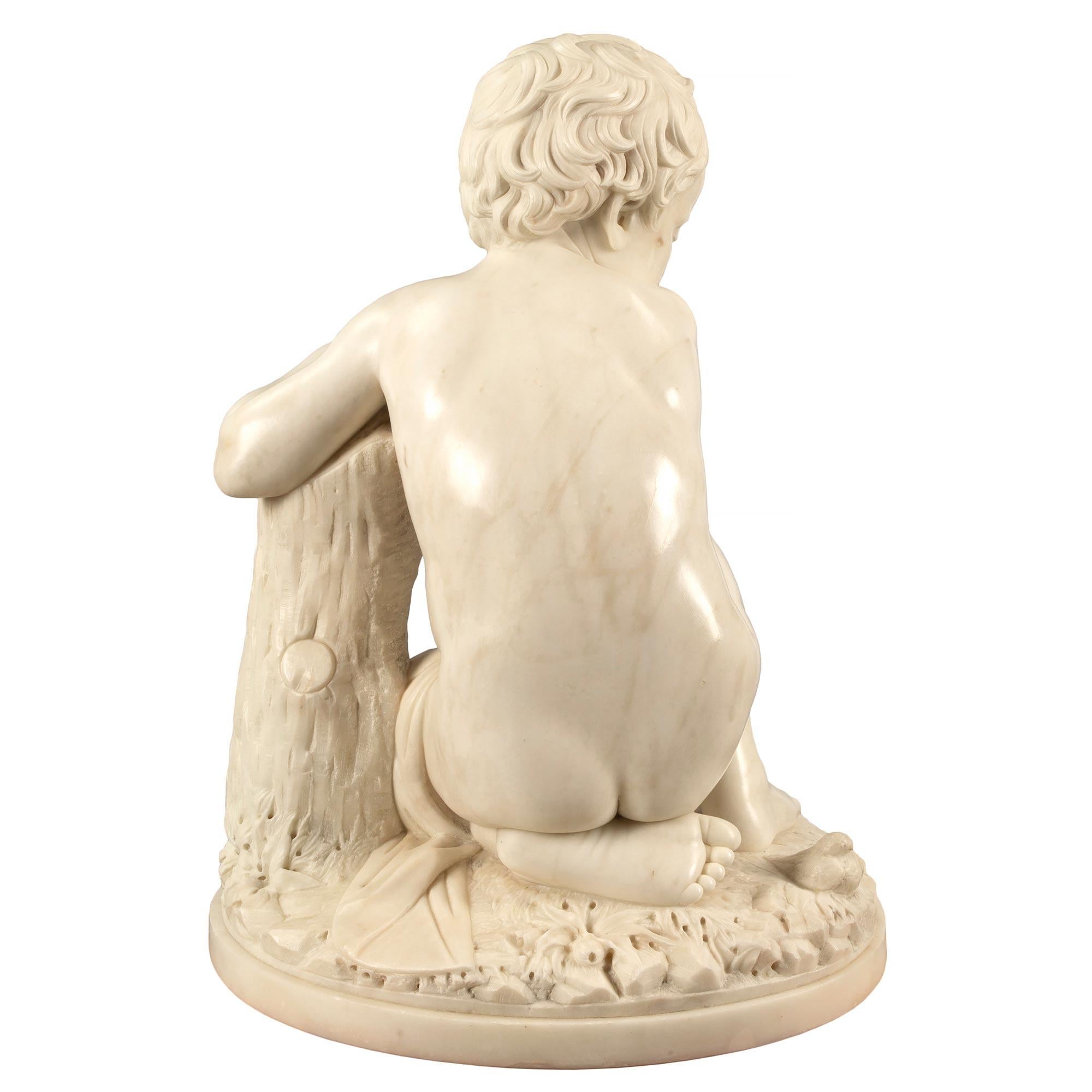 Italian 19th Century White Carrara Marble Signed Statue of a Young Boy For Sale 1