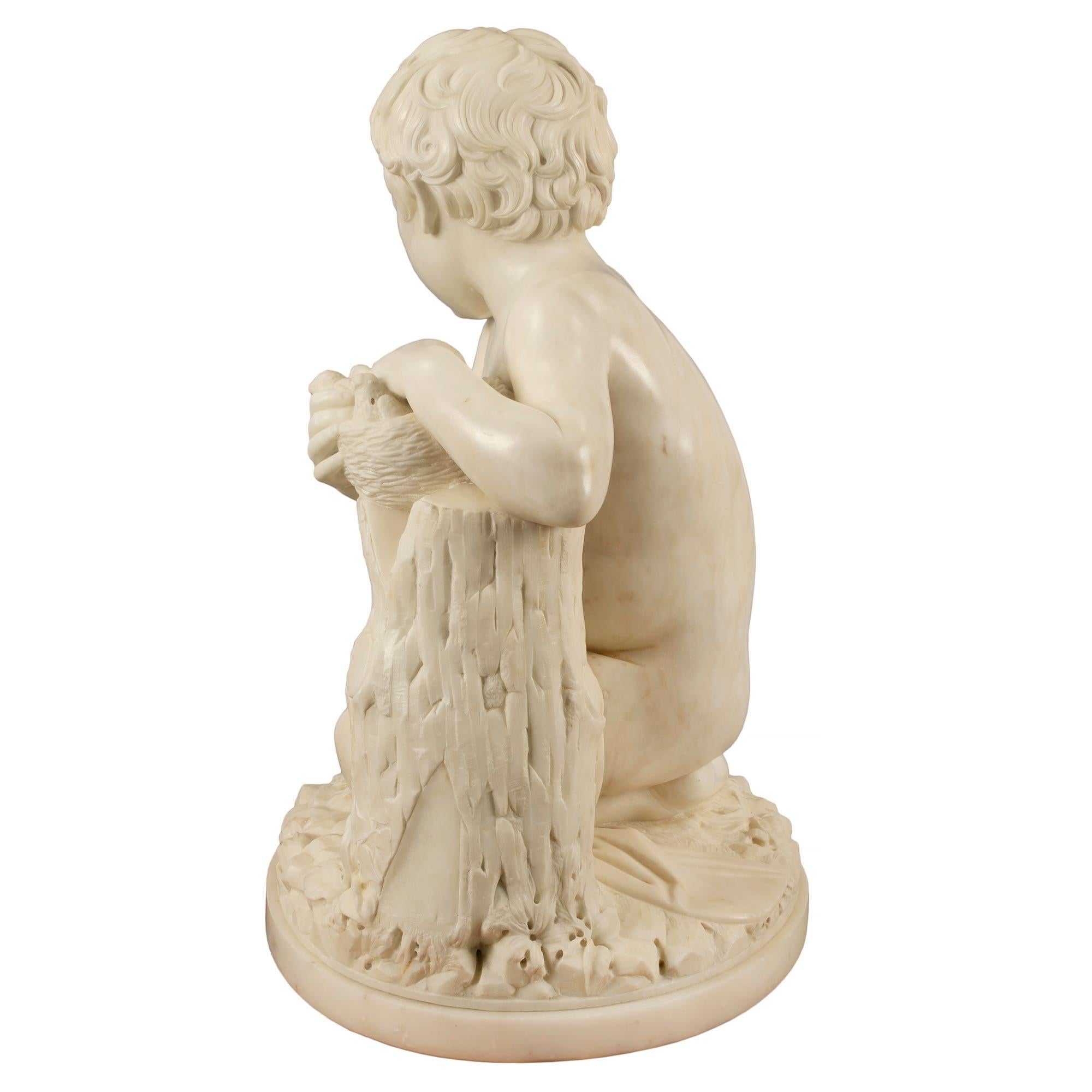 Italian 19th Century White Carrara Marble Signed Statue of a Young Boy For Sale 2