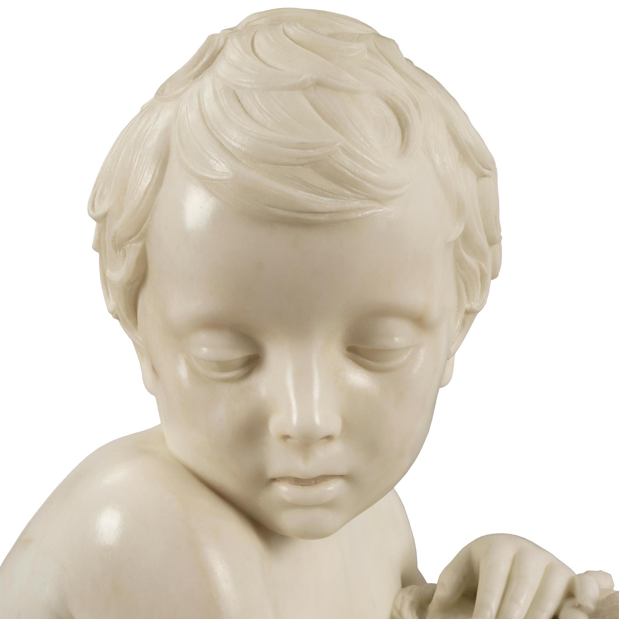Italian 19th Century White Carrara Marble Signed Statue of a Young Boy For Sale 3