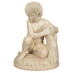 Italian 19th Century White Carrara Marble Signed Statue of a Young Boy