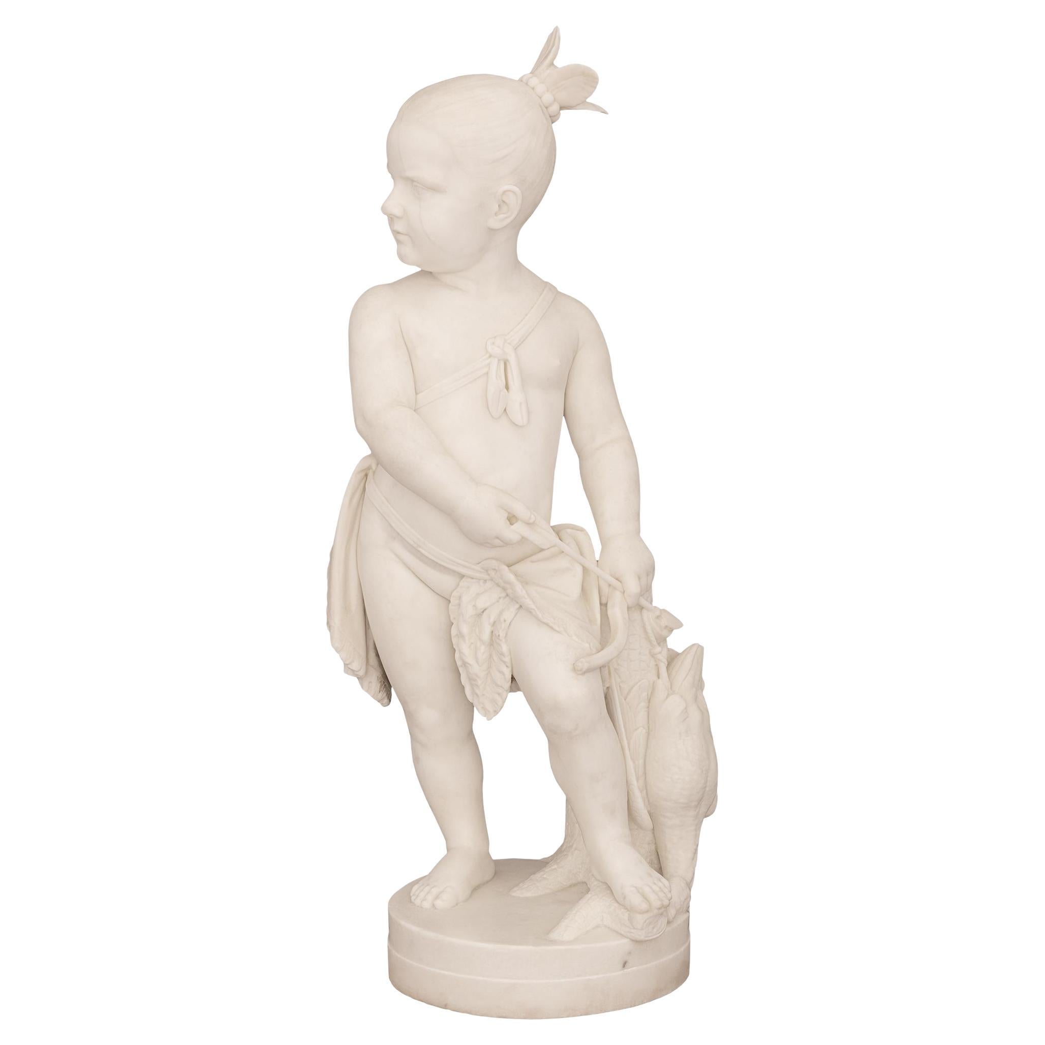 Italian 19th century white Carrara marble statue entitled Indian Boy Hunting