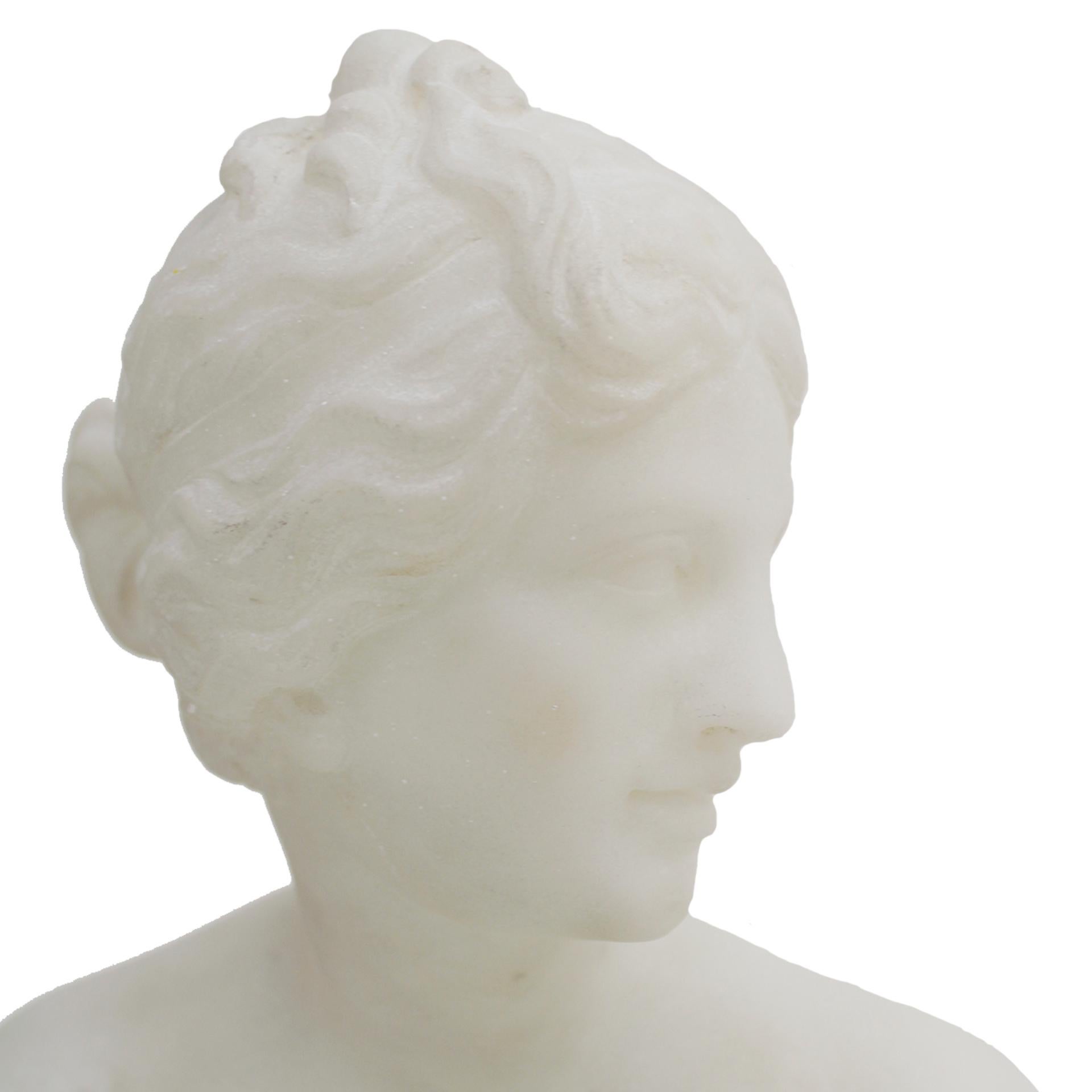 A most elegant Italian 19th century white Carrara marble. This stunning statue depicts the elegant Venus caught in a momentary pose, as if surprised in the act of emerging from the sea, which is represented by the lovely cherubs and dolphins at her
