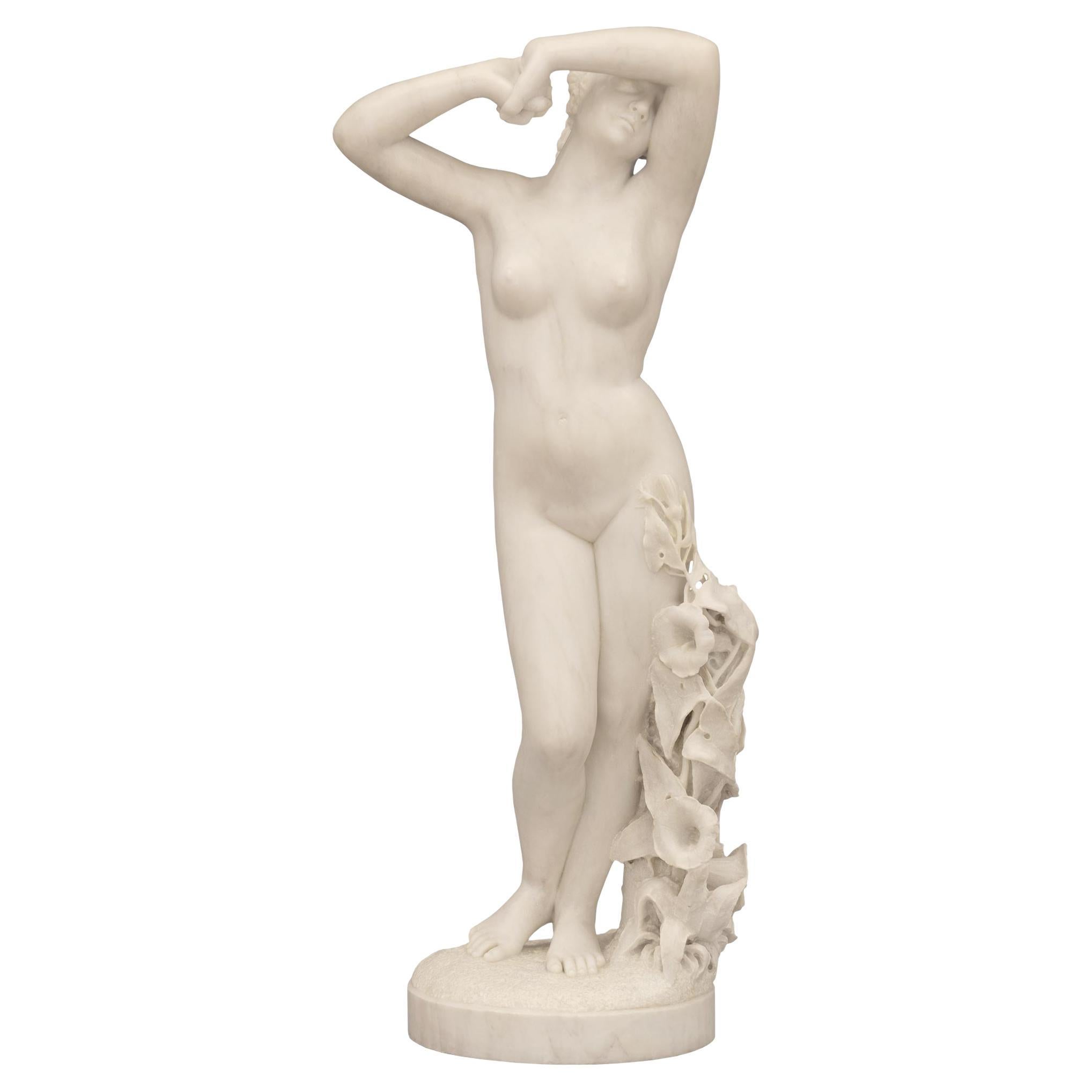 Italian 19th Century White Carrara Marble Statue of a Beautiful Maiden
