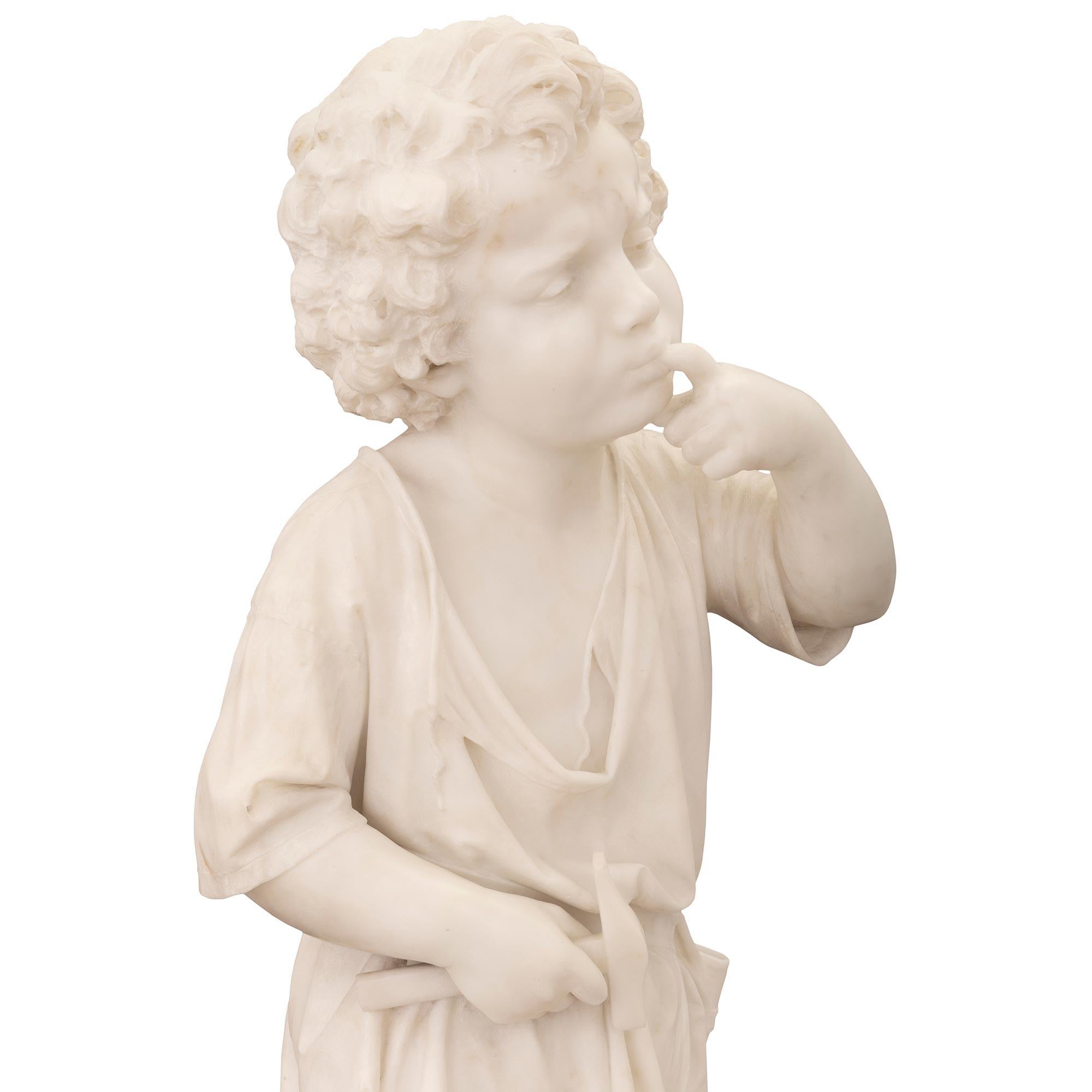 Italian 19th Century White Carrara Marble Statue of a Boy Signed Ugo Zannoni For Sale 1