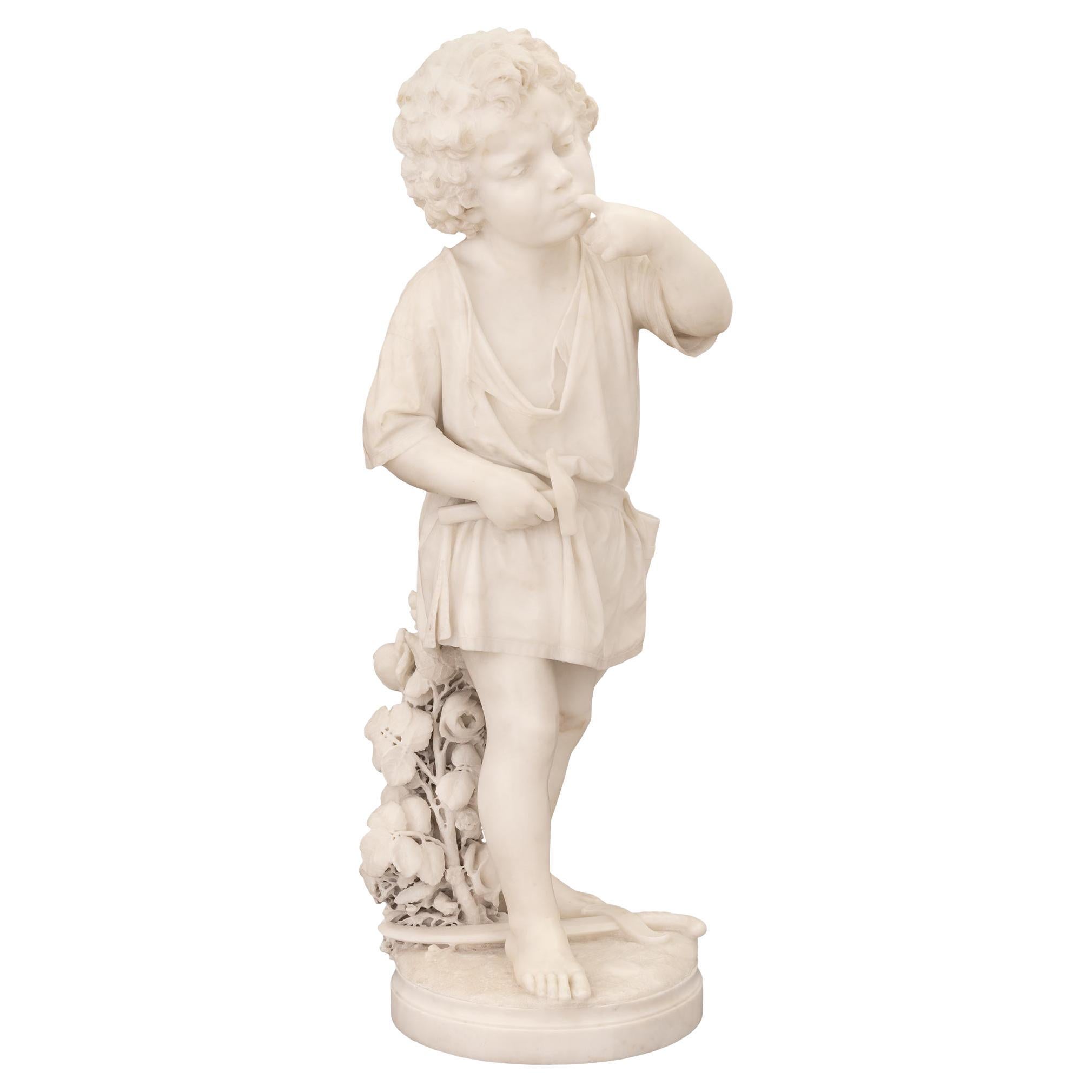 Italian 19th Century White Carrara Marble Statue of a Boy Signed Ugo Zannoni For Sale