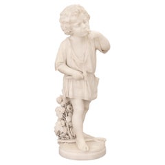 Antique Italian 19th Century White Carrara Marble Statue of a Boy Signed Ugo Zannoni