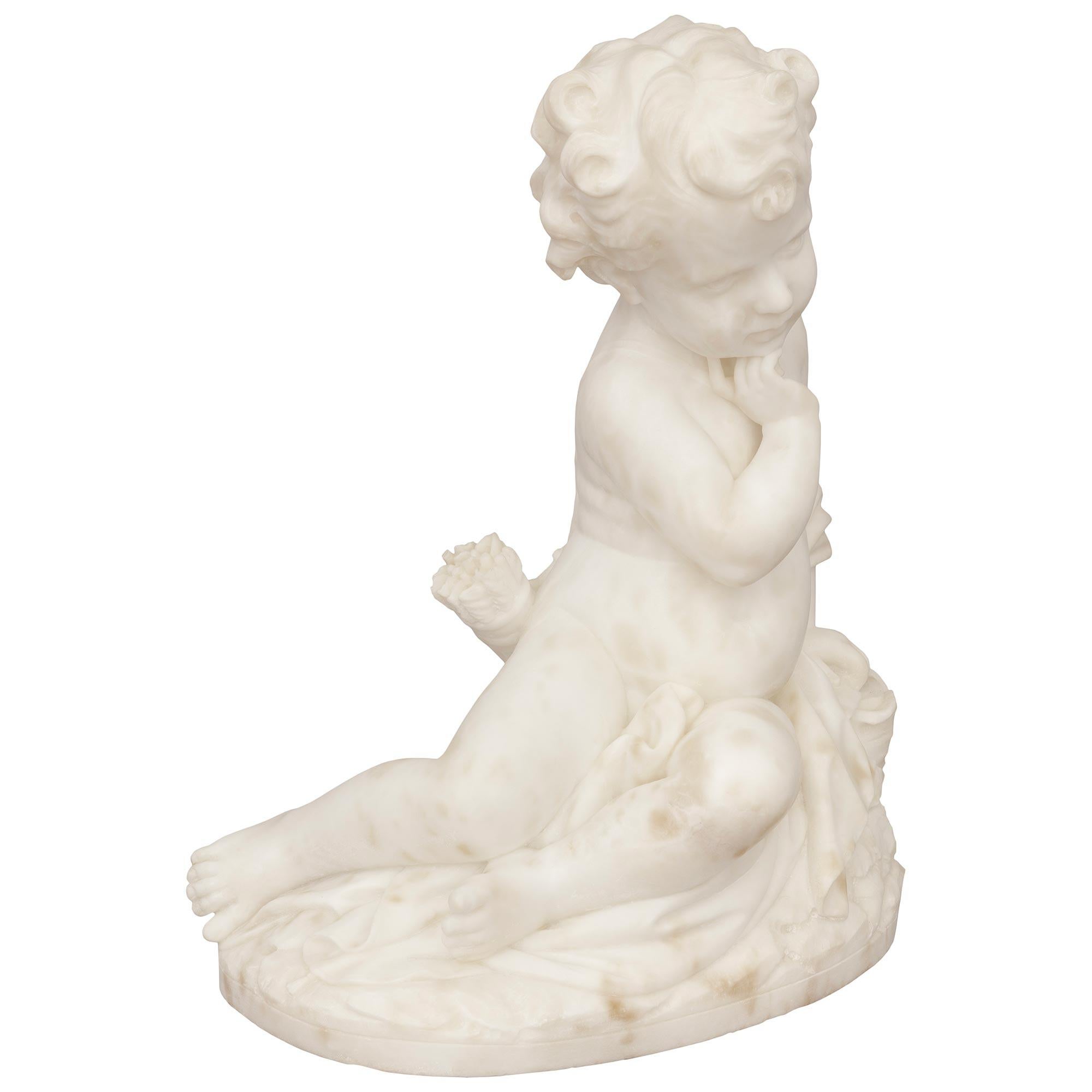 Italiano Statua italiana in marmo bianco di Carrara del XIX secolo raffigurante un cherubino, firmata Romanet in vendita
