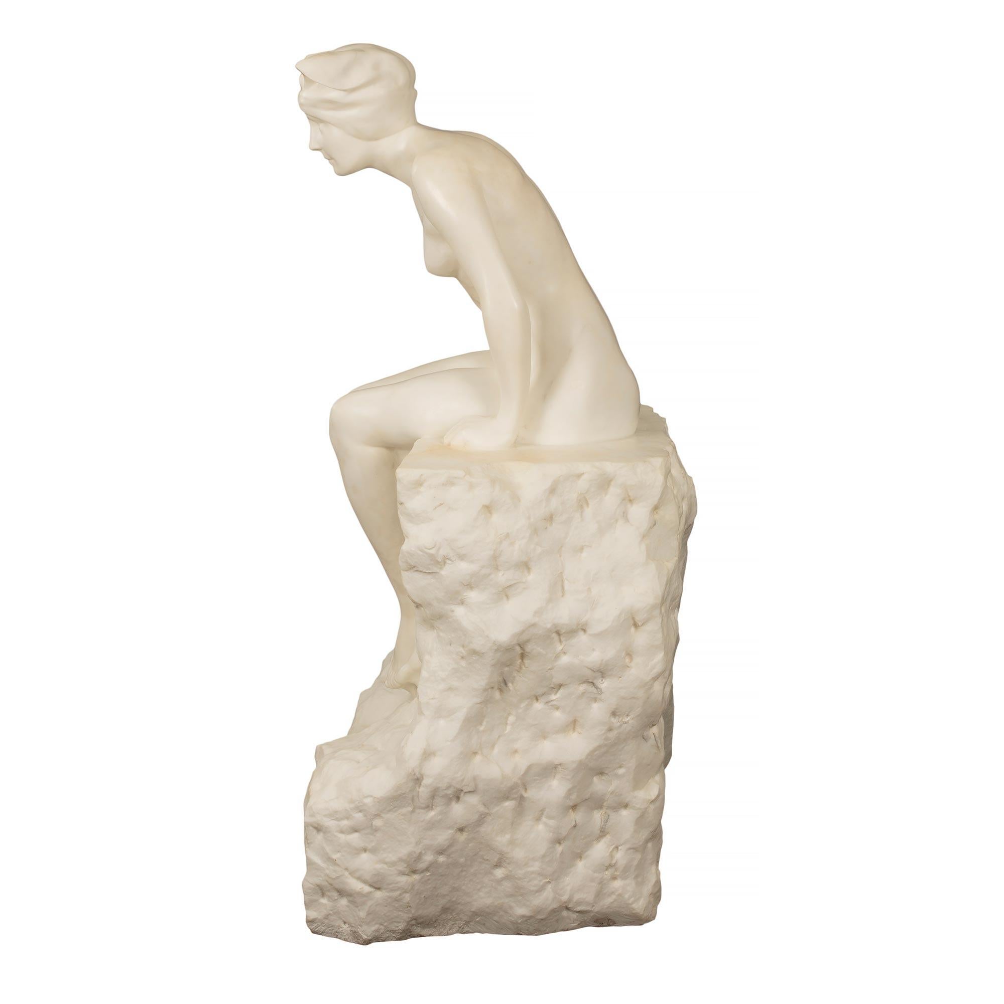 Italian 19th Century White Carrara Marble Statue of a Maiden Sitting on a Rock For Sale 2