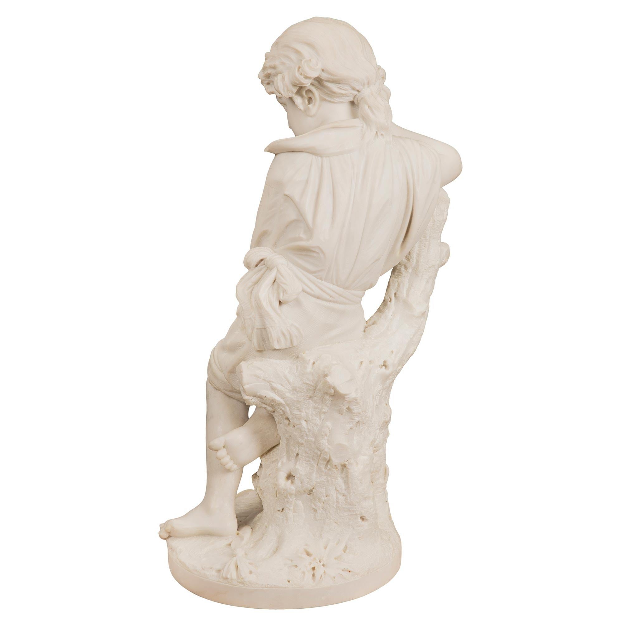 Italian 19th Century White Carrara Marble Statue of a Young Benjamin Franklin In Excellent Condition In West Palm Beach, FL