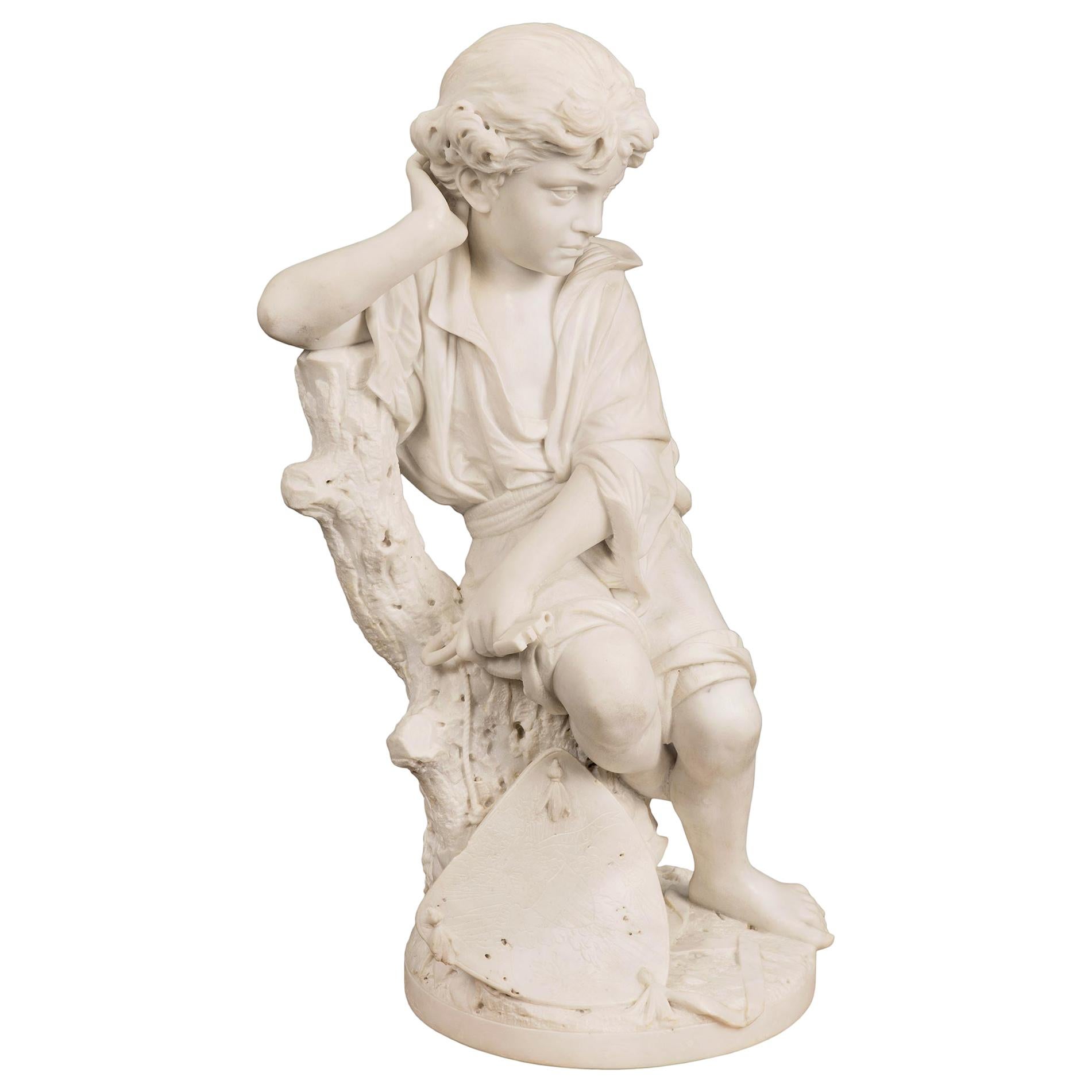 Italian 19th Century White Carrara Marble Statue of a Young Benjamin Franklin