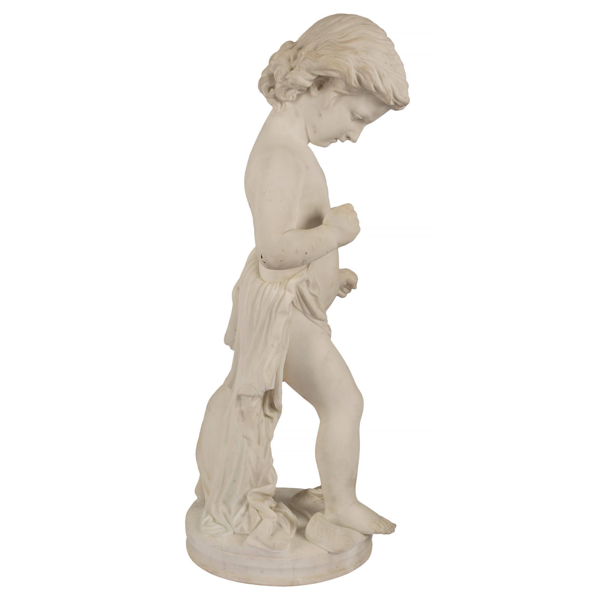 Italian 19th Century White Carrara Marble Statue of a Young Boy In Good Condition For Sale In West Palm Beach, FL