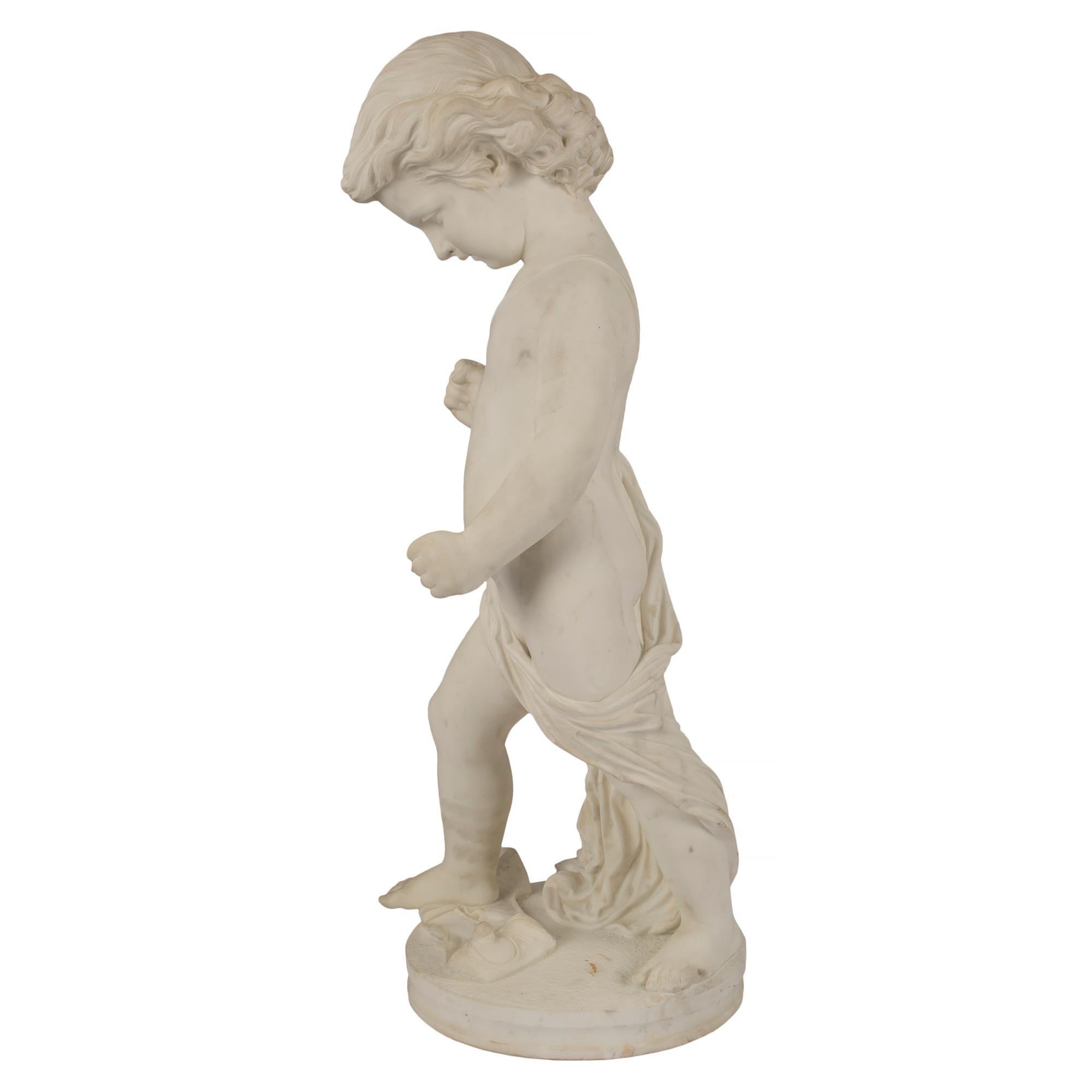 Italian 19th Century White Carrara Marble Statue of a Young Boy For Sale 2