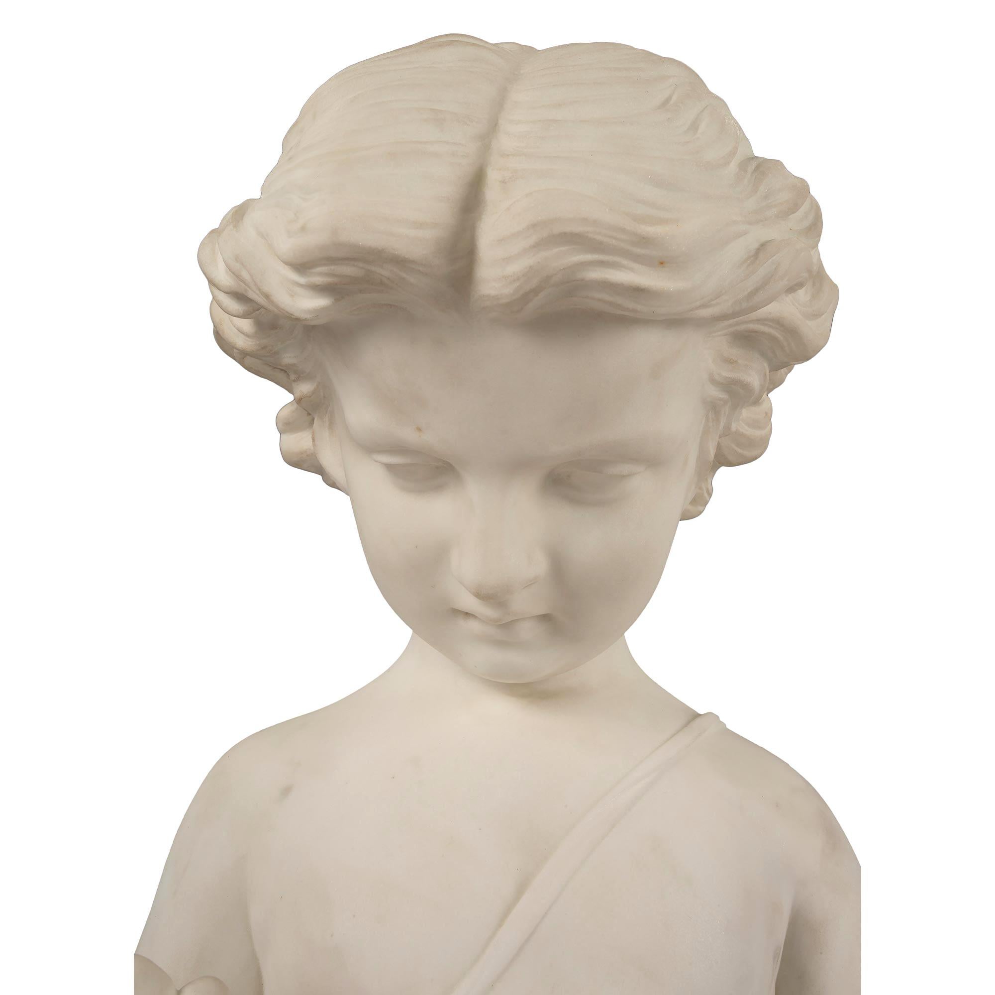 Italian 19th Century White Carrara Marble Statue of a Young Boy For Sale 4