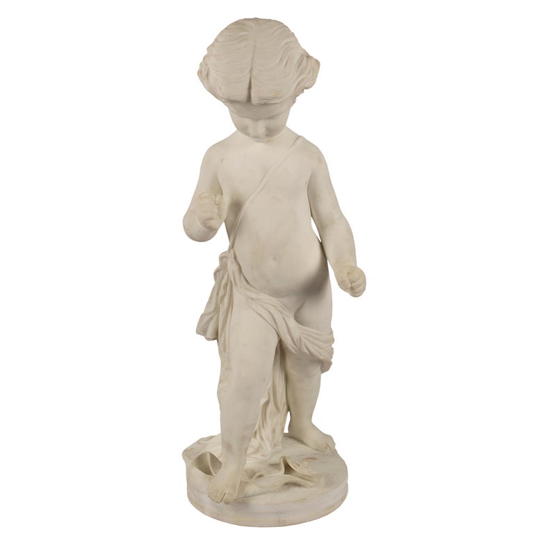 Italian 19th Century White Carrara Marble Statue of a Young Boy For Sale