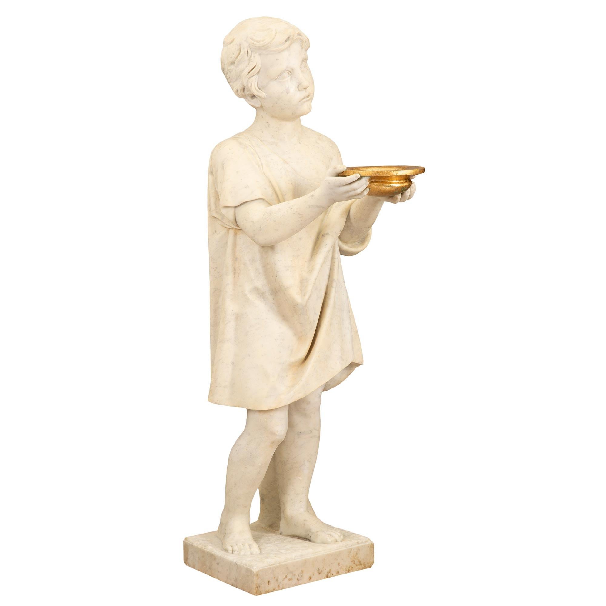 Italian 19th Century White Carrara Marble Statue of a Young Boy with Gilt Accent In Good Condition For Sale In West Palm Beach, FL