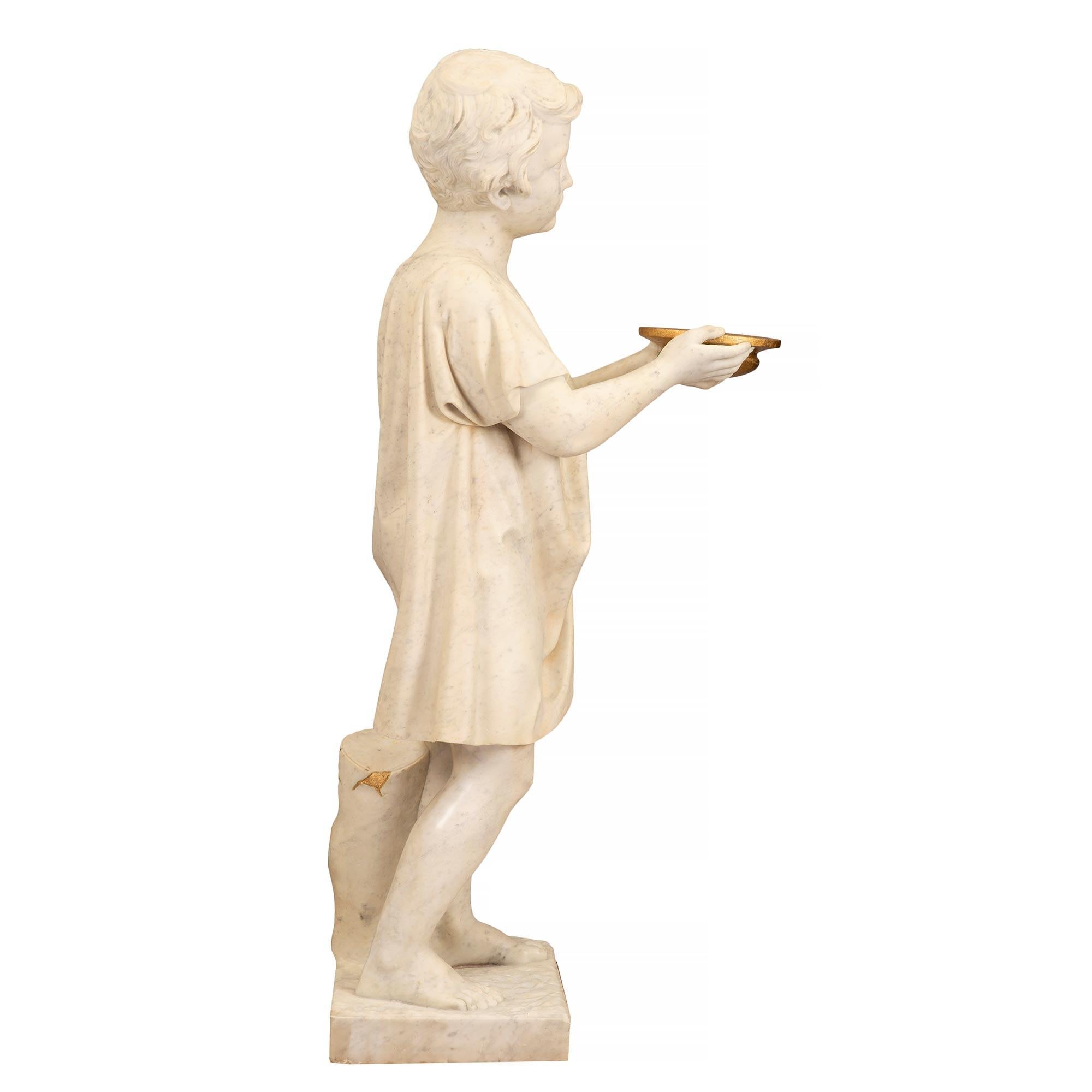 Italian 19th Century White Carrara Marble Statue of a Young Boy with Gilt Accent For Sale 1