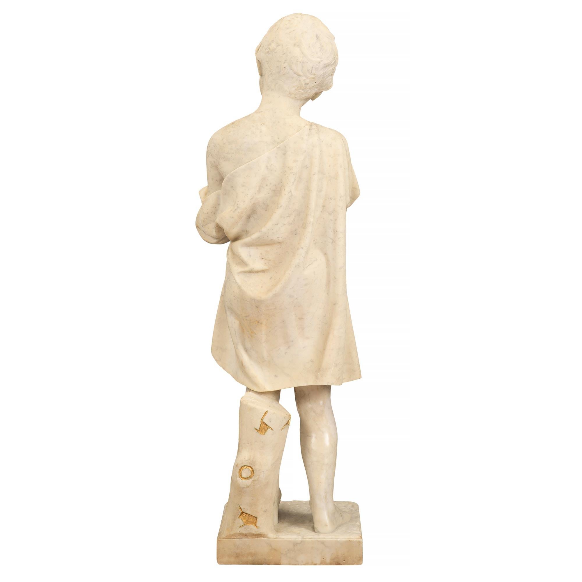 Italian 19th Century White Carrara Marble Statue of a Young Boy with Gilt Accent For Sale 2