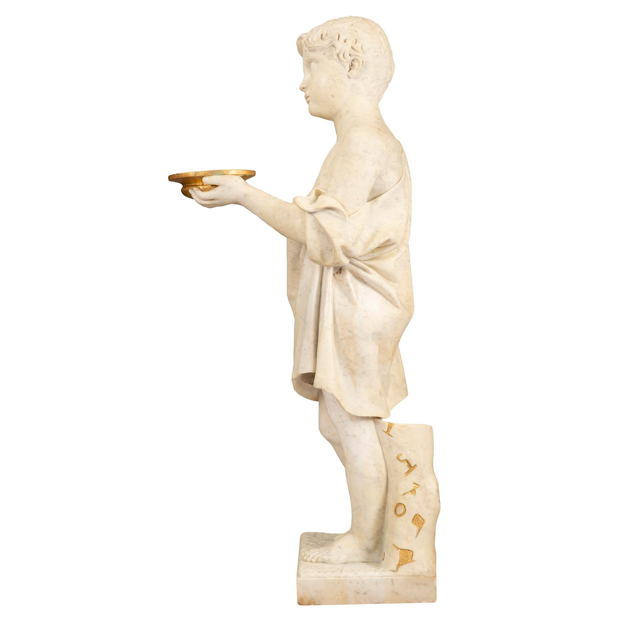 Italian 19th Century White Carrara Marble Statue of a Young Boy with Gilt Accent For Sale 3