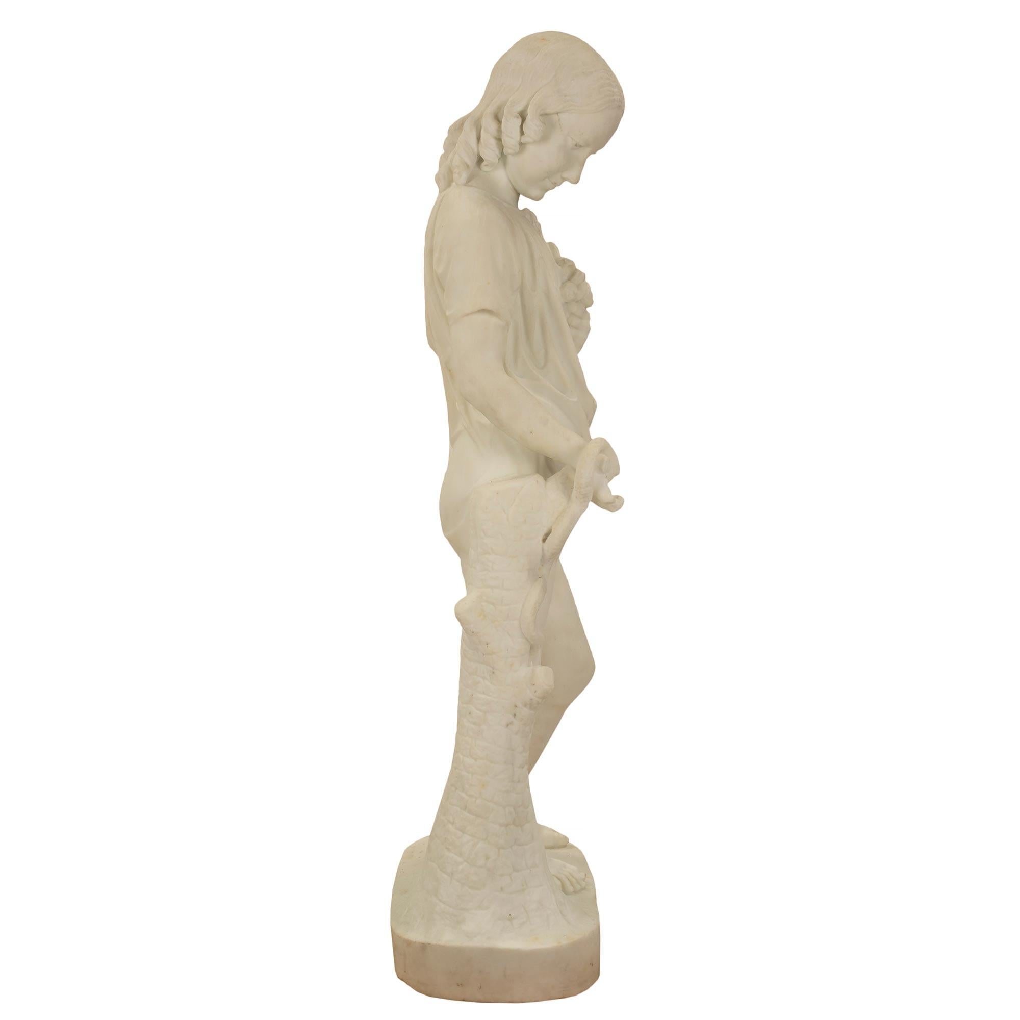Italian 19th Century White Carrara Marble Statue of a Young Girl and Serpent In Good Condition For Sale In West Palm Beach, FL