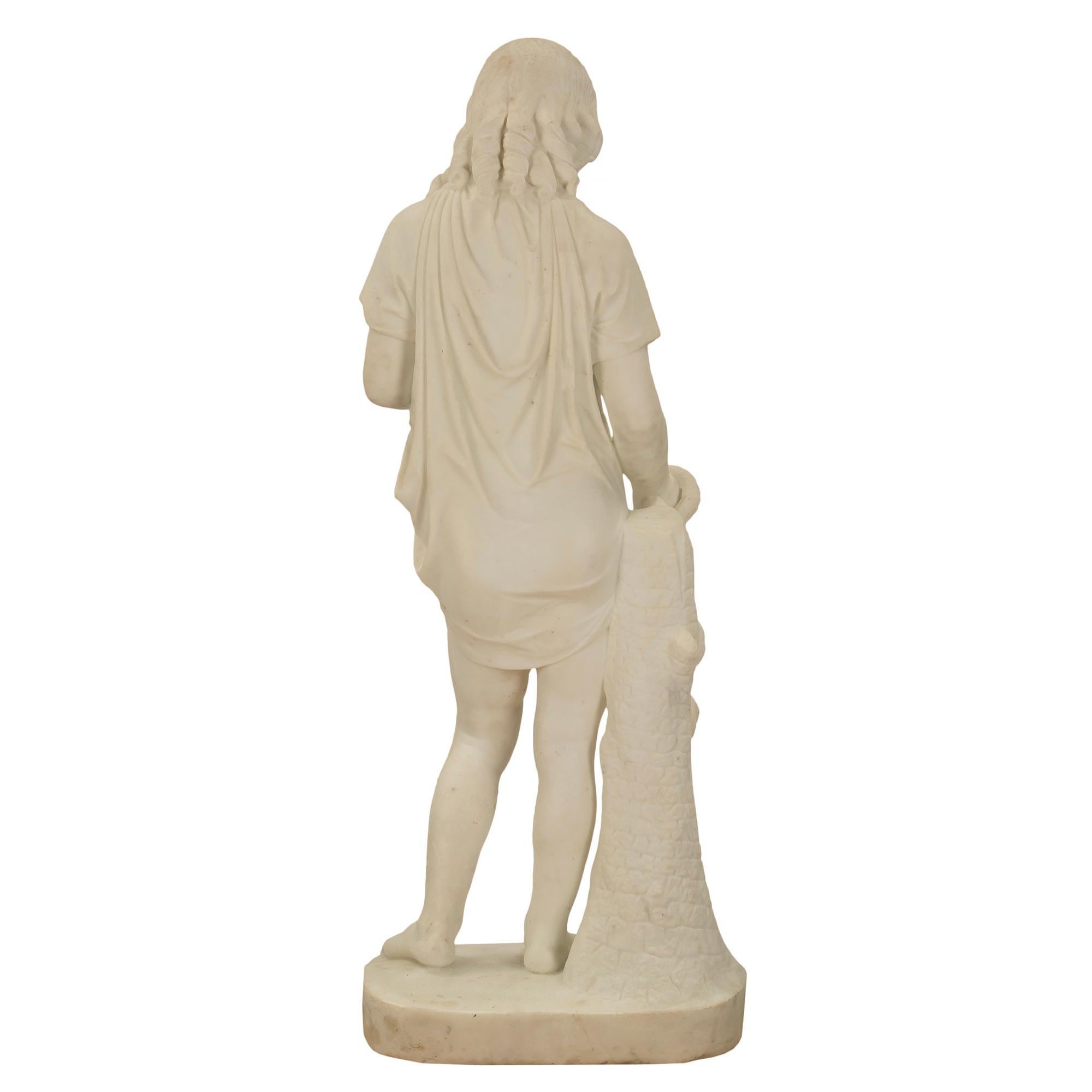 Italian 19th Century White Carrara Marble Statue of a Young Girl and Serpent For Sale 1