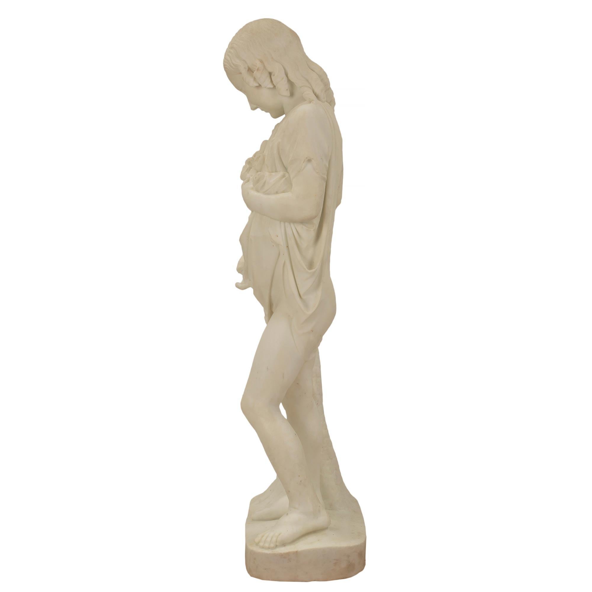 Italian 19th Century White Carrara Marble Statue of a Young Girl and Serpent For Sale 2