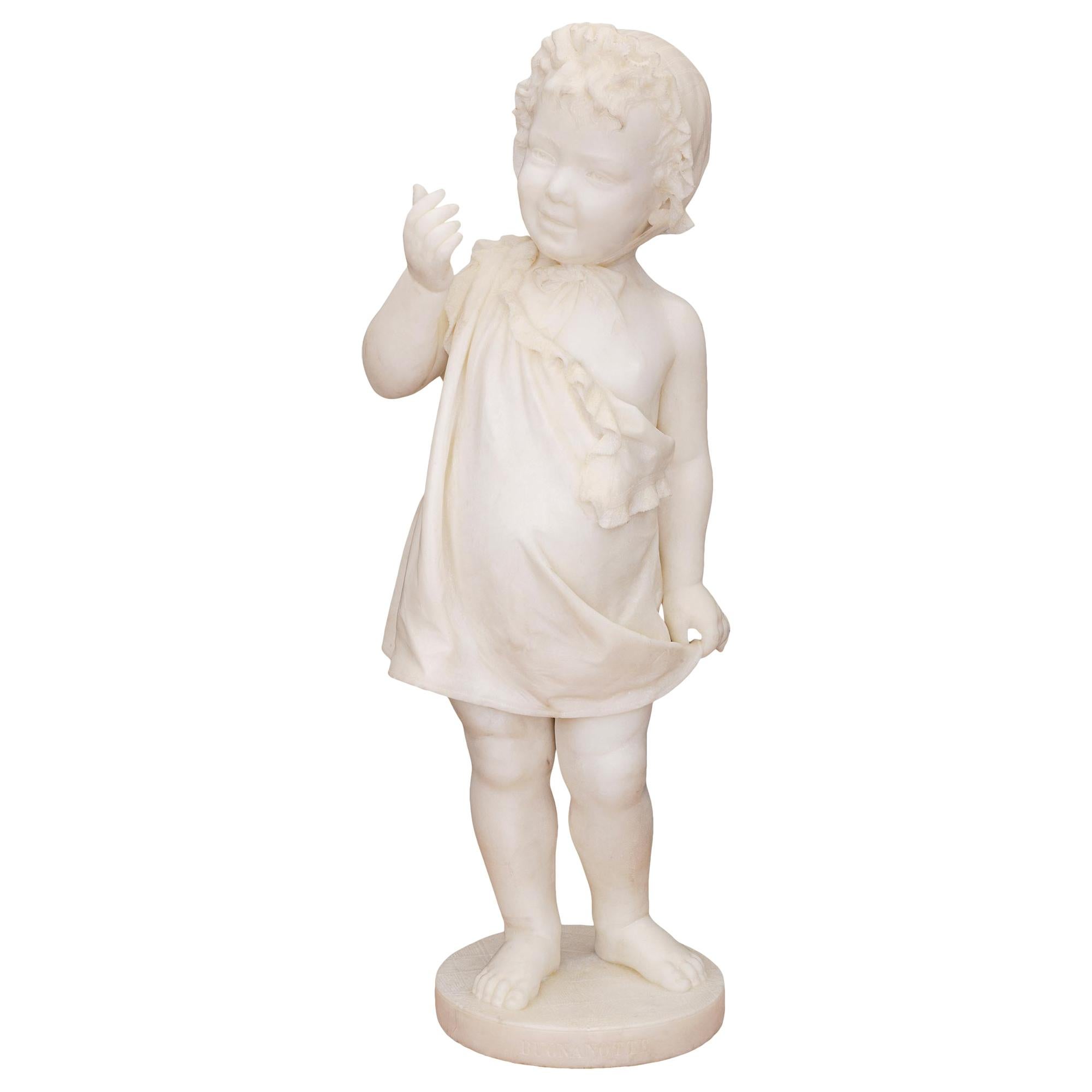 Italian 19th Century White Carrara Marble Statue of a Young Girl For Sale