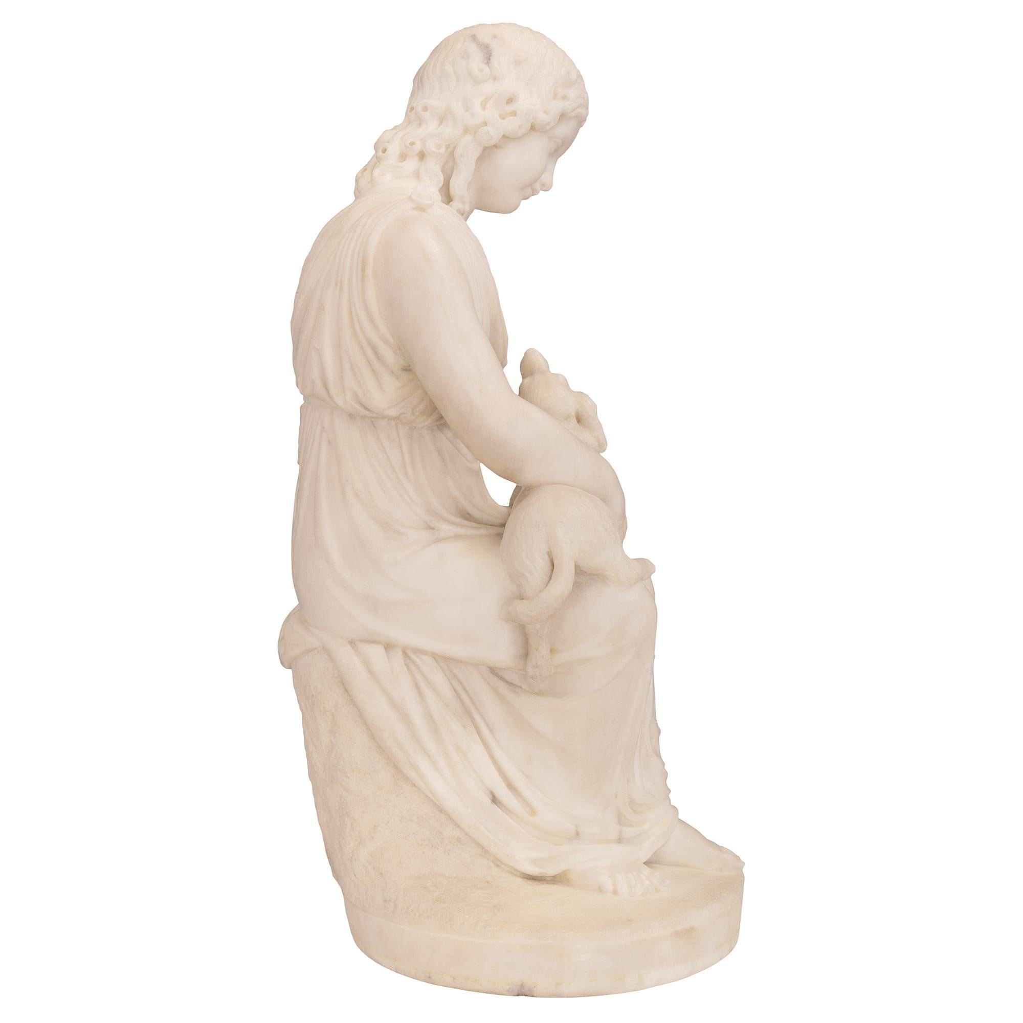 Italian 19th Century White Carrara Marble Statue of a Young Girl with Her Dog In Good Condition For Sale In West Palm Beach, FL