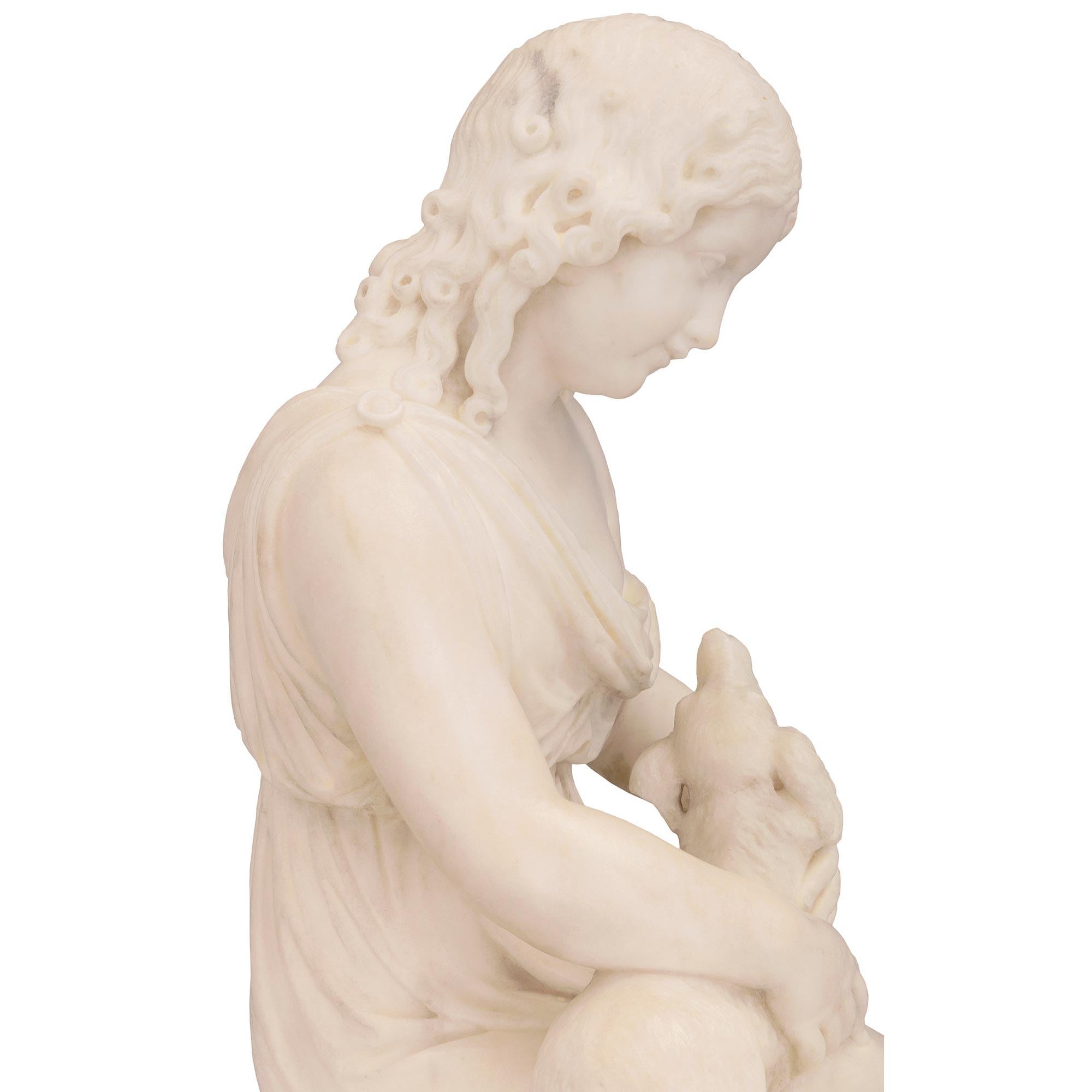 Italian 19th Century White Carrara Marble Statue of a Young Girl with Her Dog For Sale 3