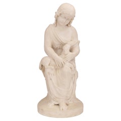 Italian 19th Century White Carrara Marble Statue of a Young Girl with Her Dog