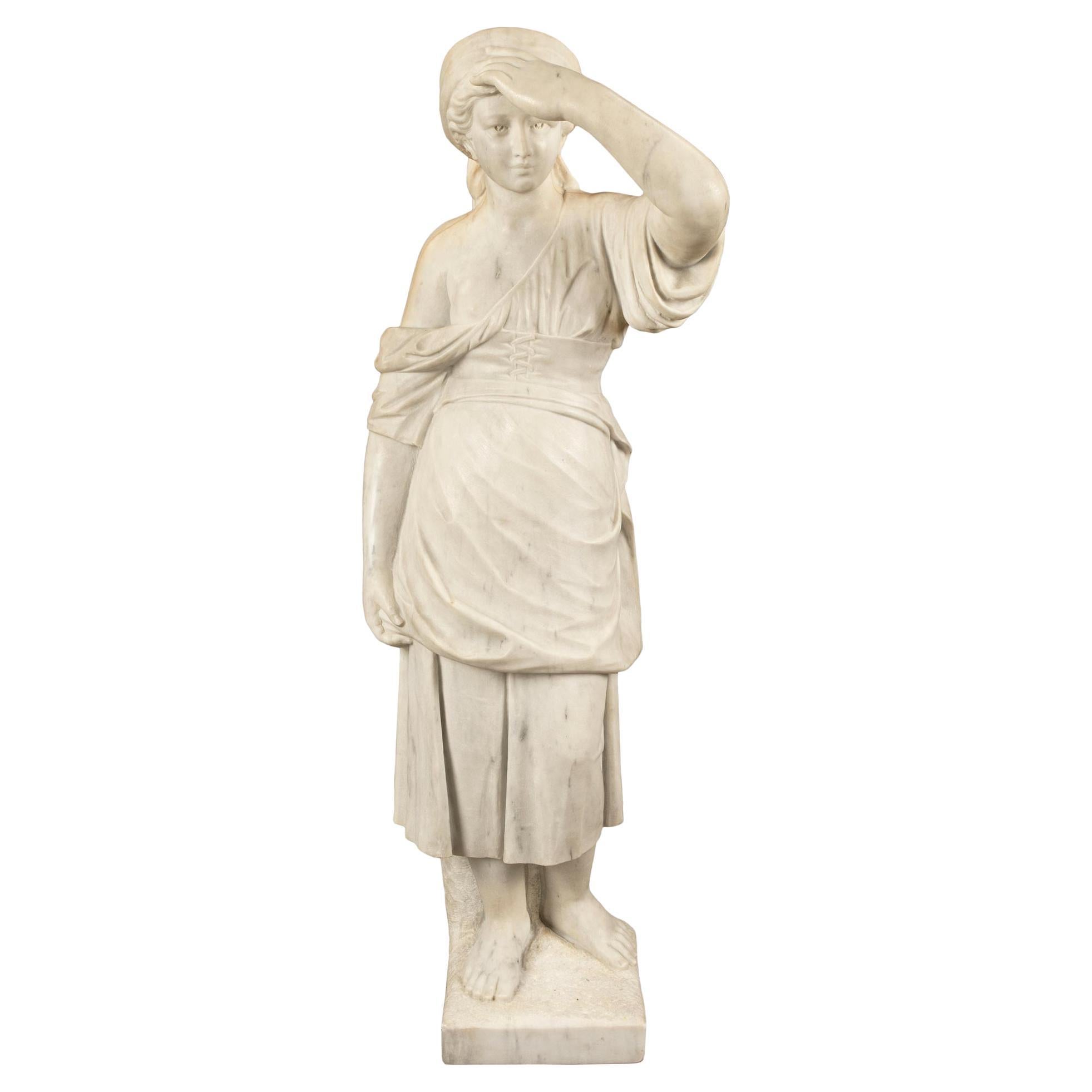 Italian 19th Century White Carrara Marble Statue of a Young Lady