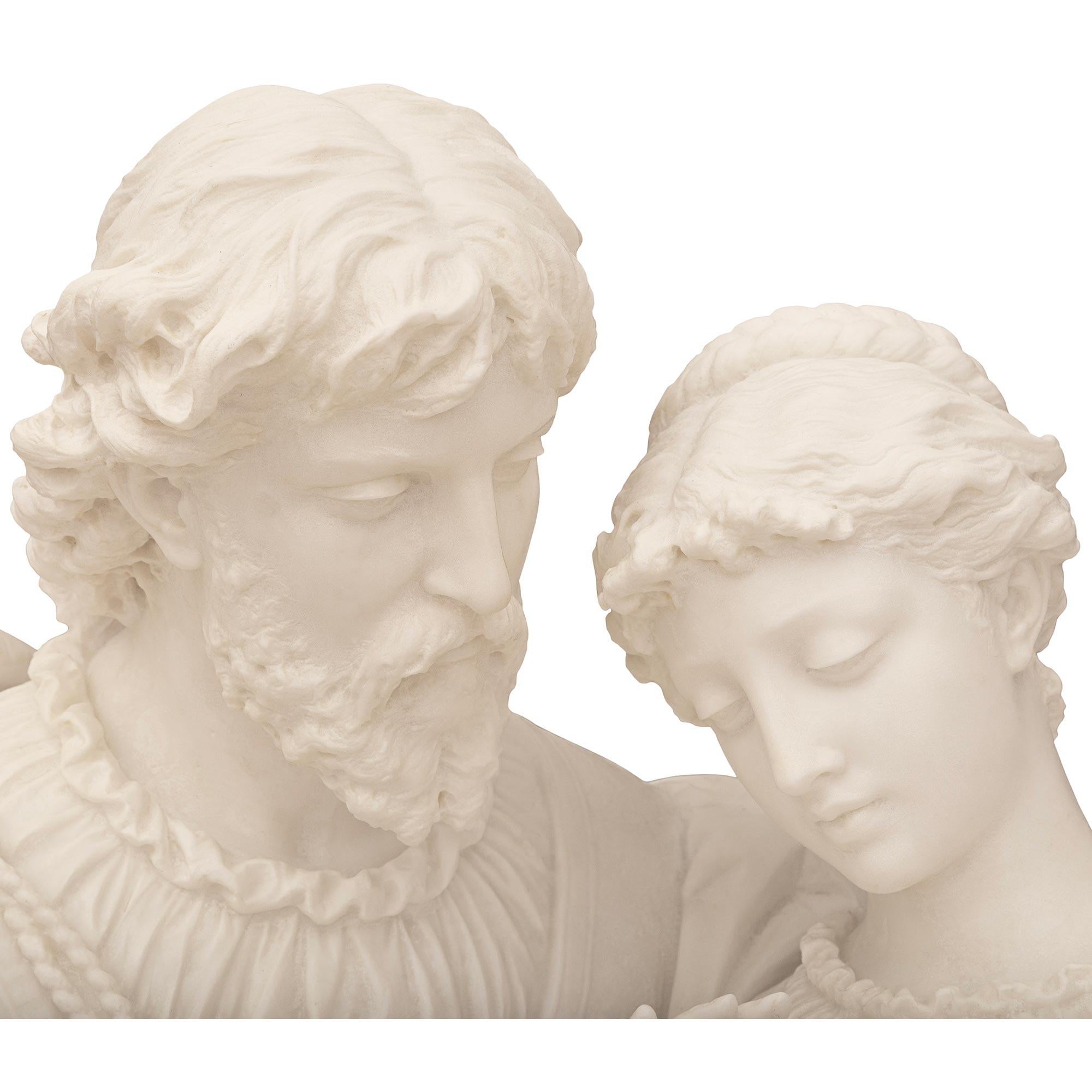 Eine beeindruckende und hochwertige italienische Marmorstatue aus weißem Carrara und Rosso Levanto aus dem 19. Jahrhundert, die Paolo und Francesca darstellt, signiert P. Romanelli. Diese exquisite Skulptur von Paolo und Francesca stellt eine Szene