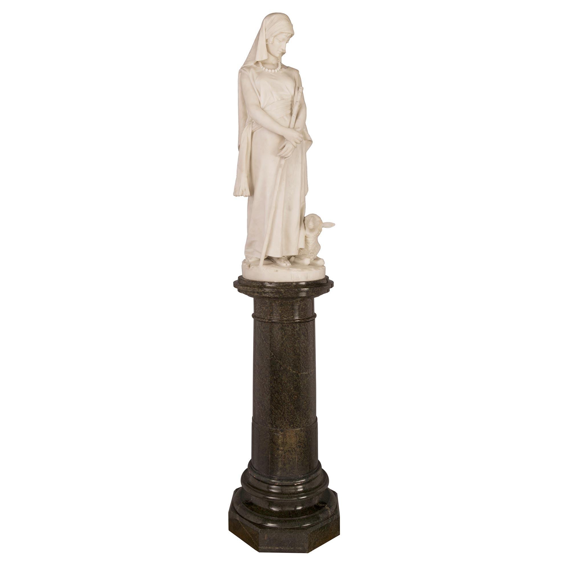 Italian 19th Century White Carrara Marble Statue of Rachele and Lamb In Good Condition In West Palm Beach, FL