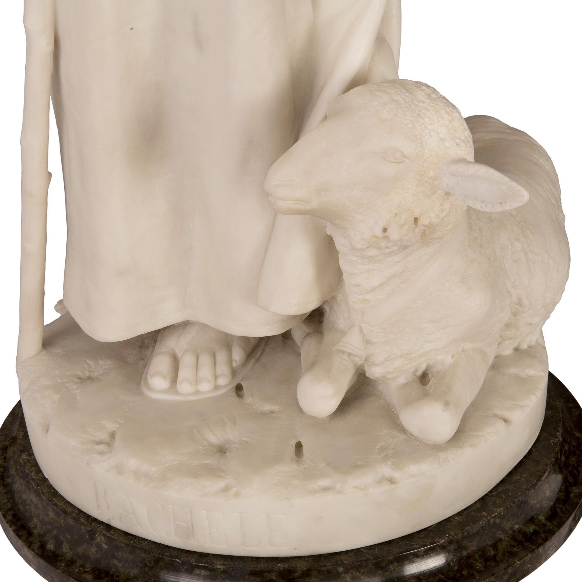 Italian 19th Century White Carrara Marble Statue of Rachele and Lamb 5