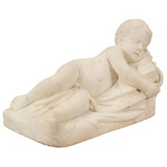 Italian 19th Century White Carrara Marble Statue of Sleeping Cupid