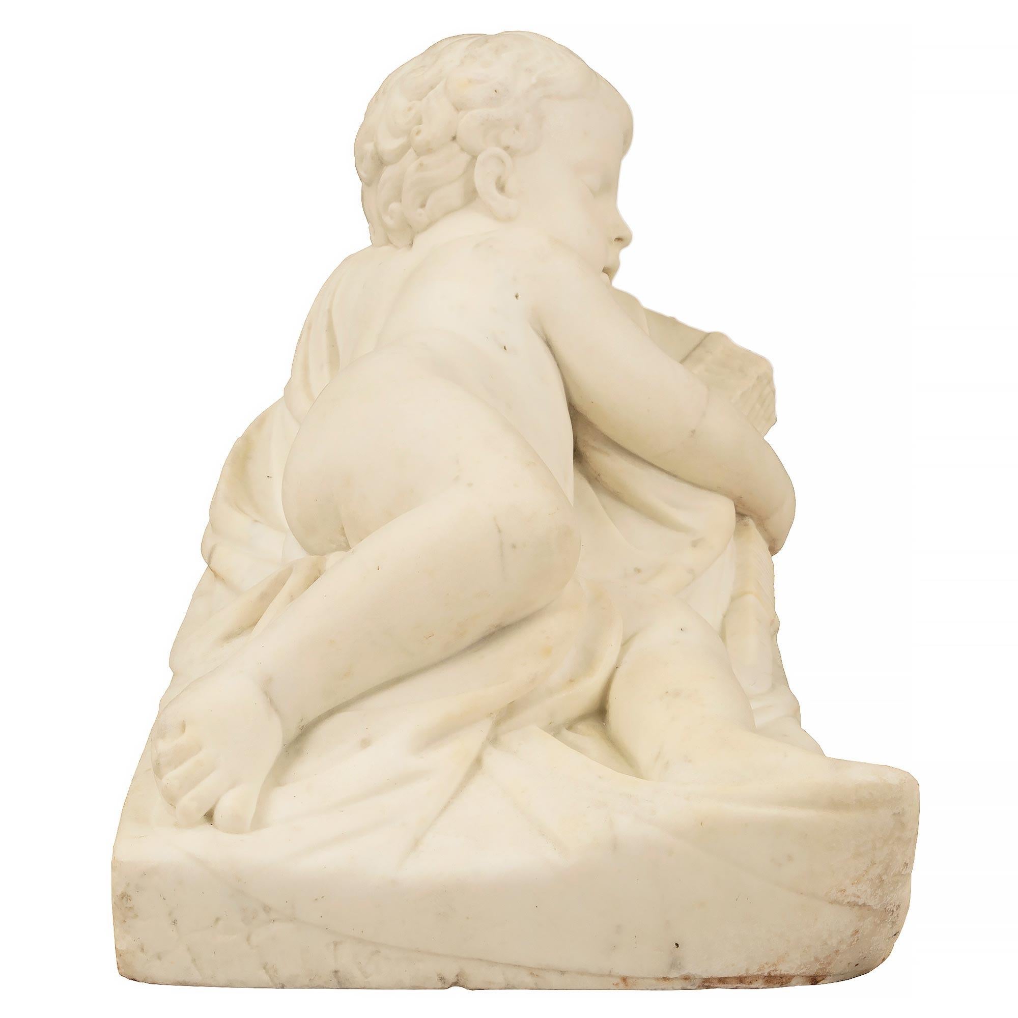 Italian 19th Century White Carrara Marble Statue of Sleeping Cupid In Good Condition For Sale In West Palm Beach, FL