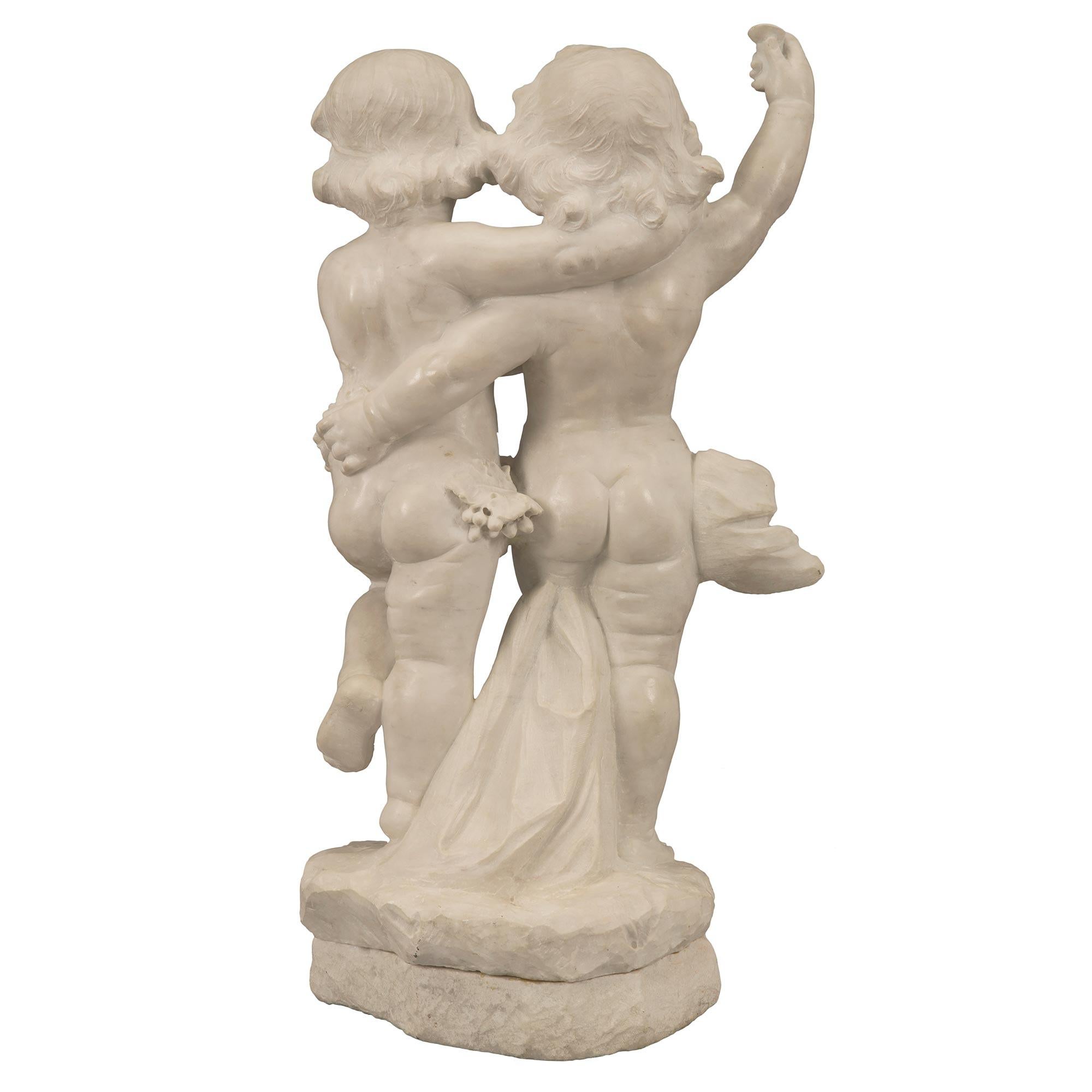 Italian 19th Century White Carrara Marble Statue of Two Children Playing For Sale 1