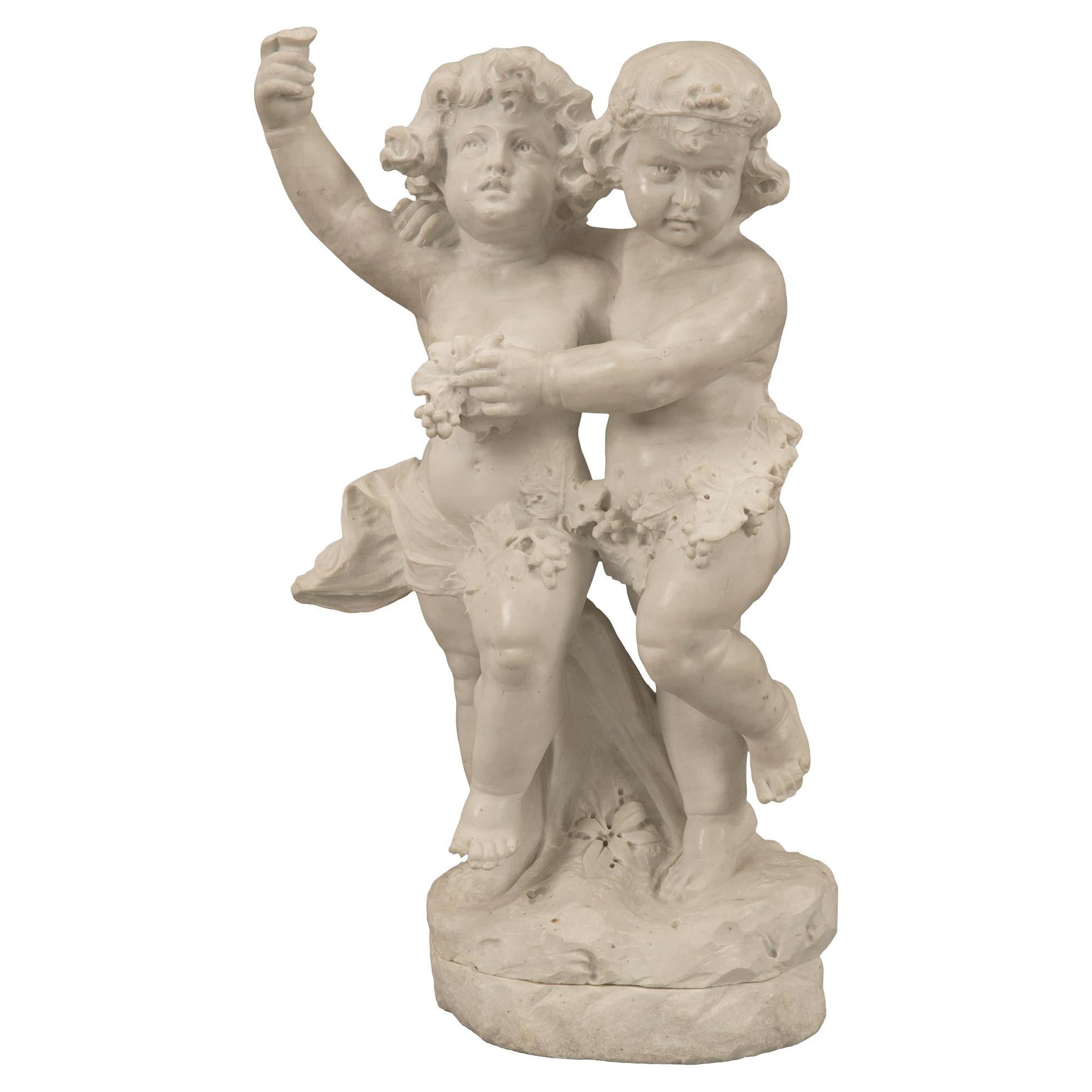 Italian 19th Century White Carrara Marble Statue of Two Children Playing For Sale