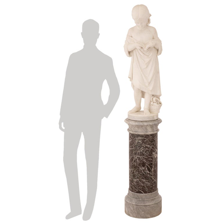 Italian 19th Century White Carrara Marble Statue on Its Original Marble