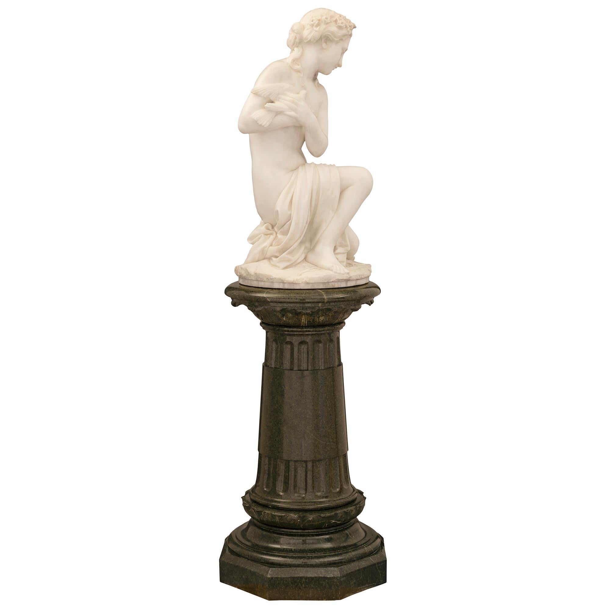 Italian 19th Century White Carrara Marble Statue on Its Original Pedestal For Sale 1