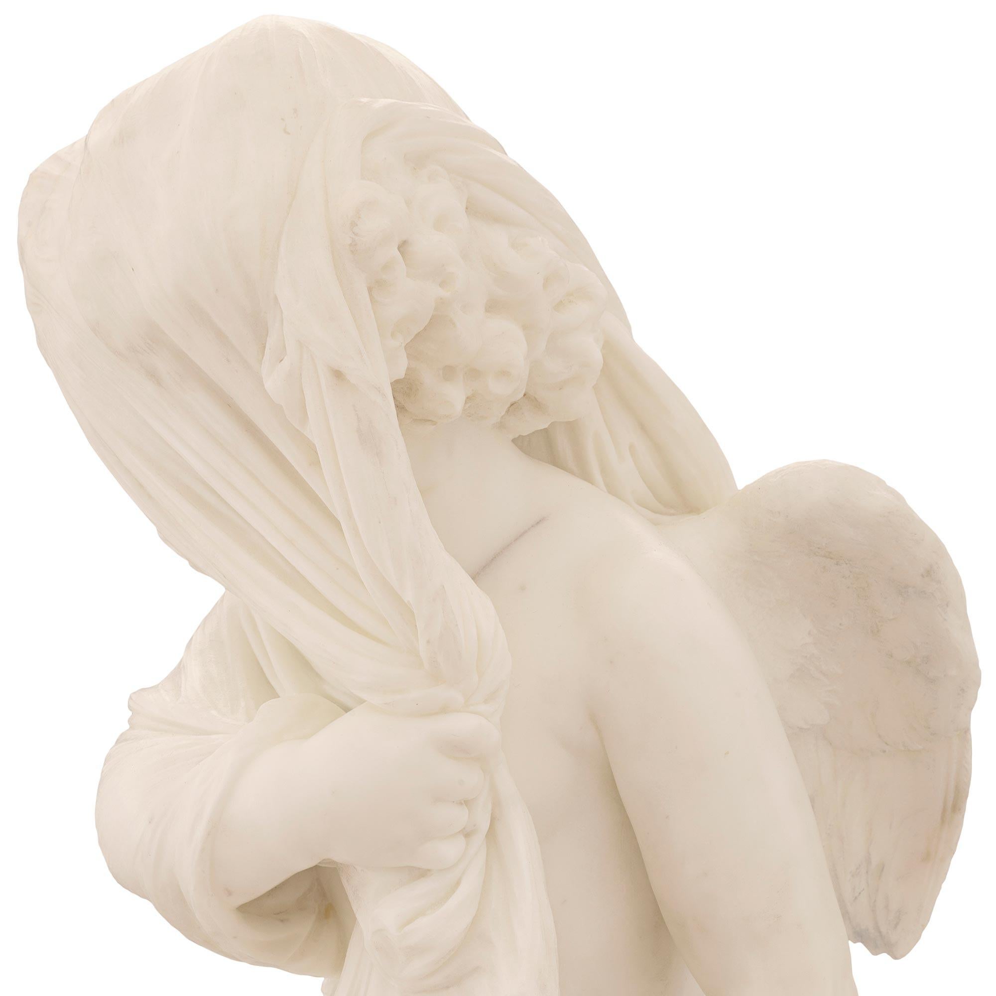 Italian 19th Century White Carrara Marble Statue On Its Original Pedestal  For Sale 6