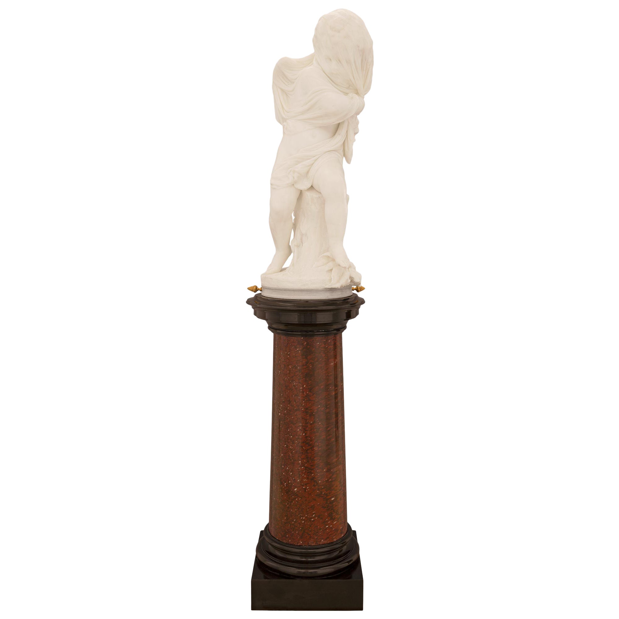 Italian 19th Century White Carrara Marble Statue On Its Original Pedestal