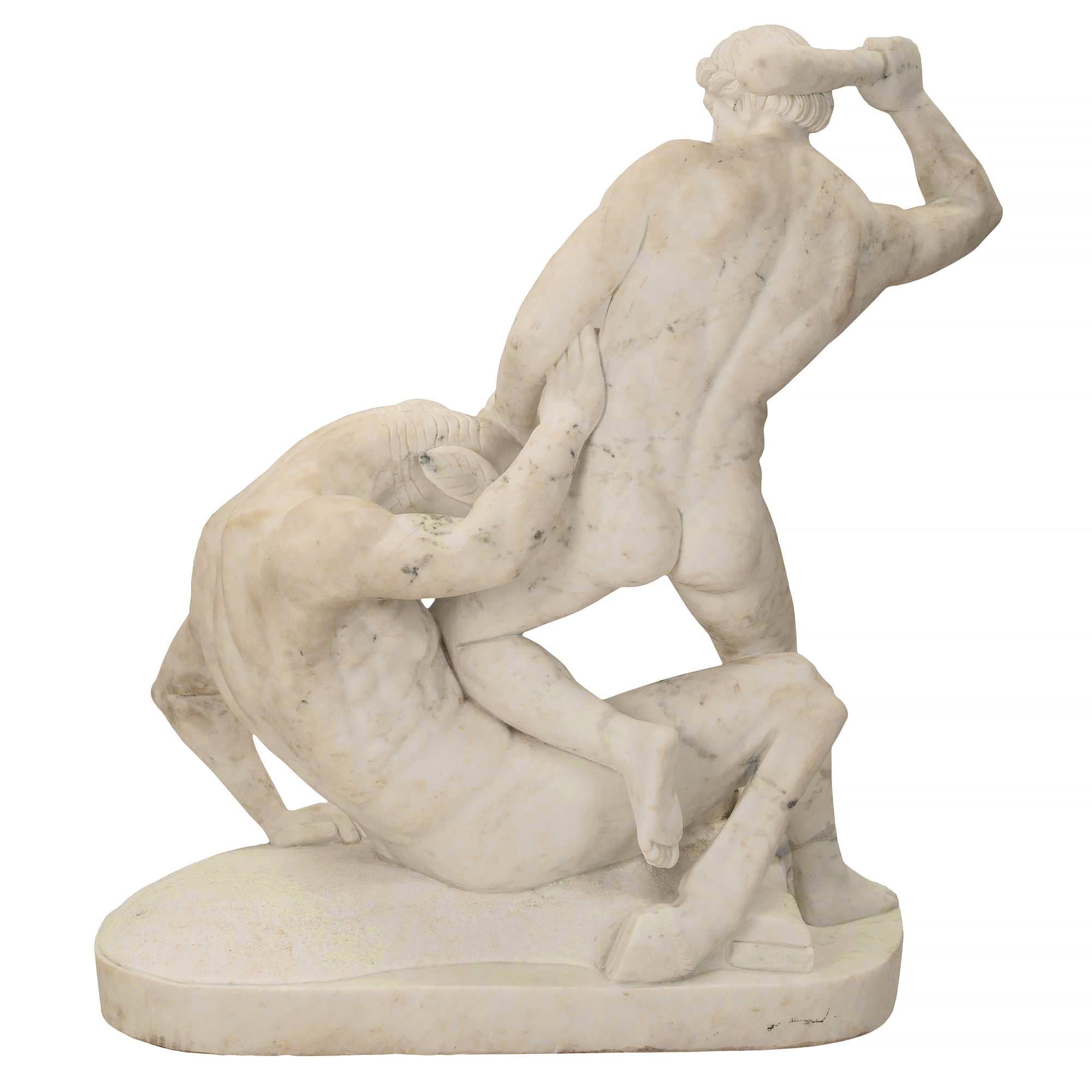 Italian 19th Century White Carrara Marble Statue Theseus and the Minotaur For Sale 1