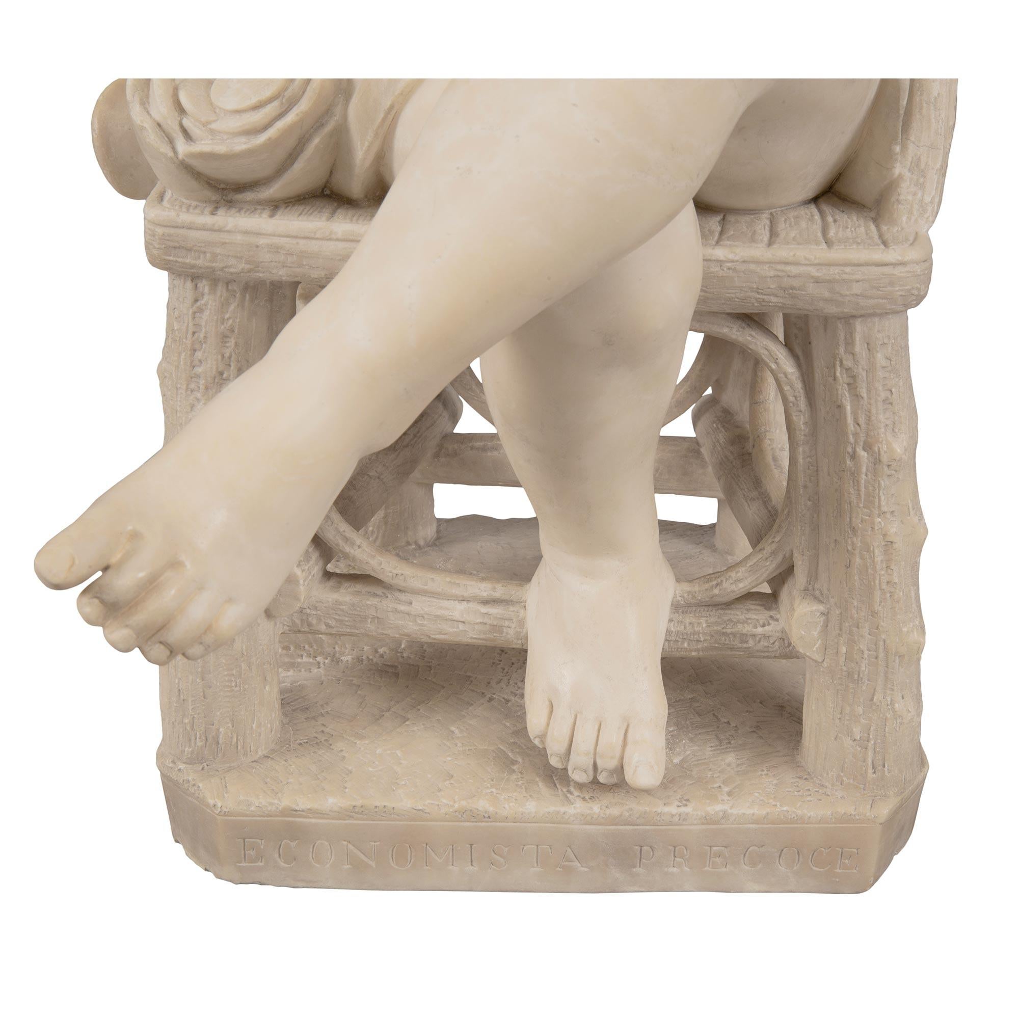 Statue italienne du XIXe siècle en marbre blanc de Carrare intitulée « Economista Precoce » en vente 4
