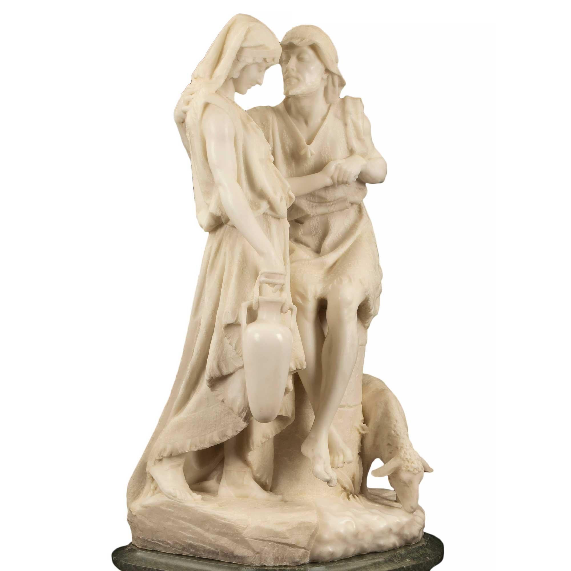 Marble Italian 19th Century White Carrara Statue of 'Jacob and Rachel at the Well' For Sale