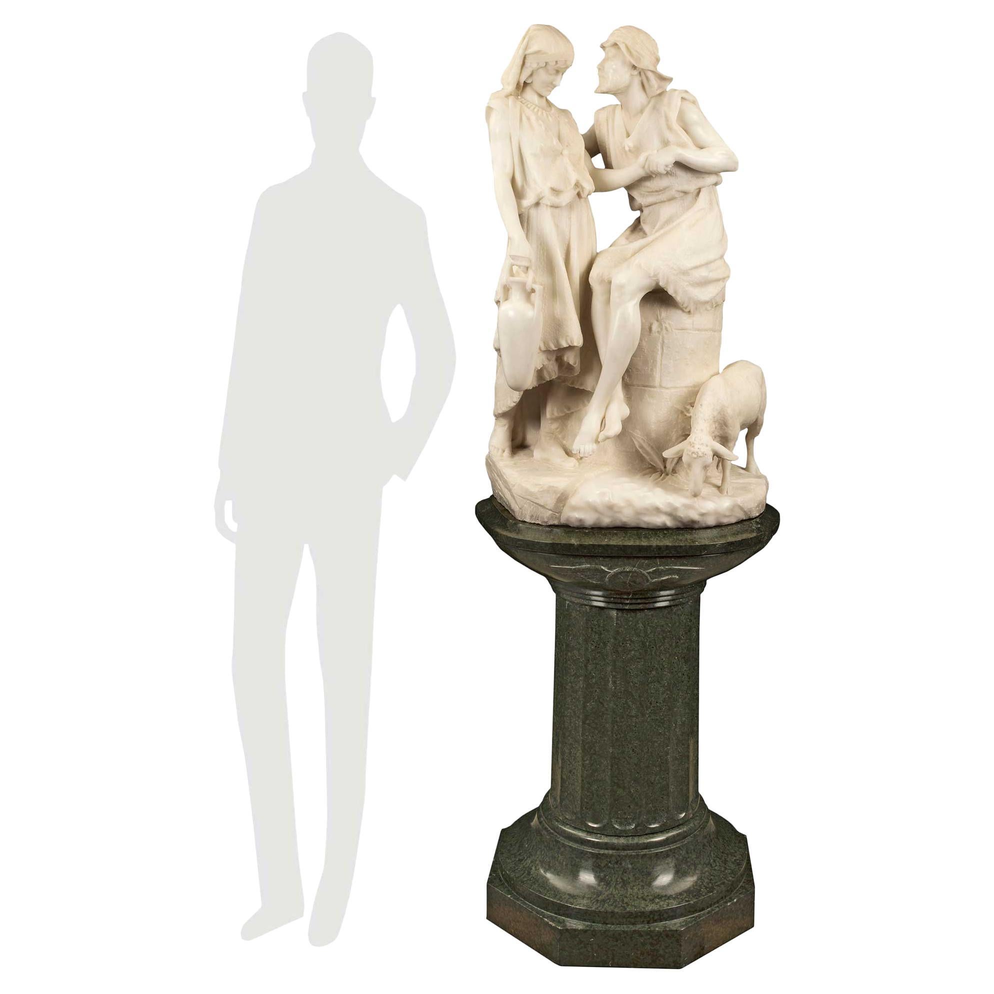 Italian 19th Century White Carrara Statue of 'Jacob and Rachel at the Well' For Sale
