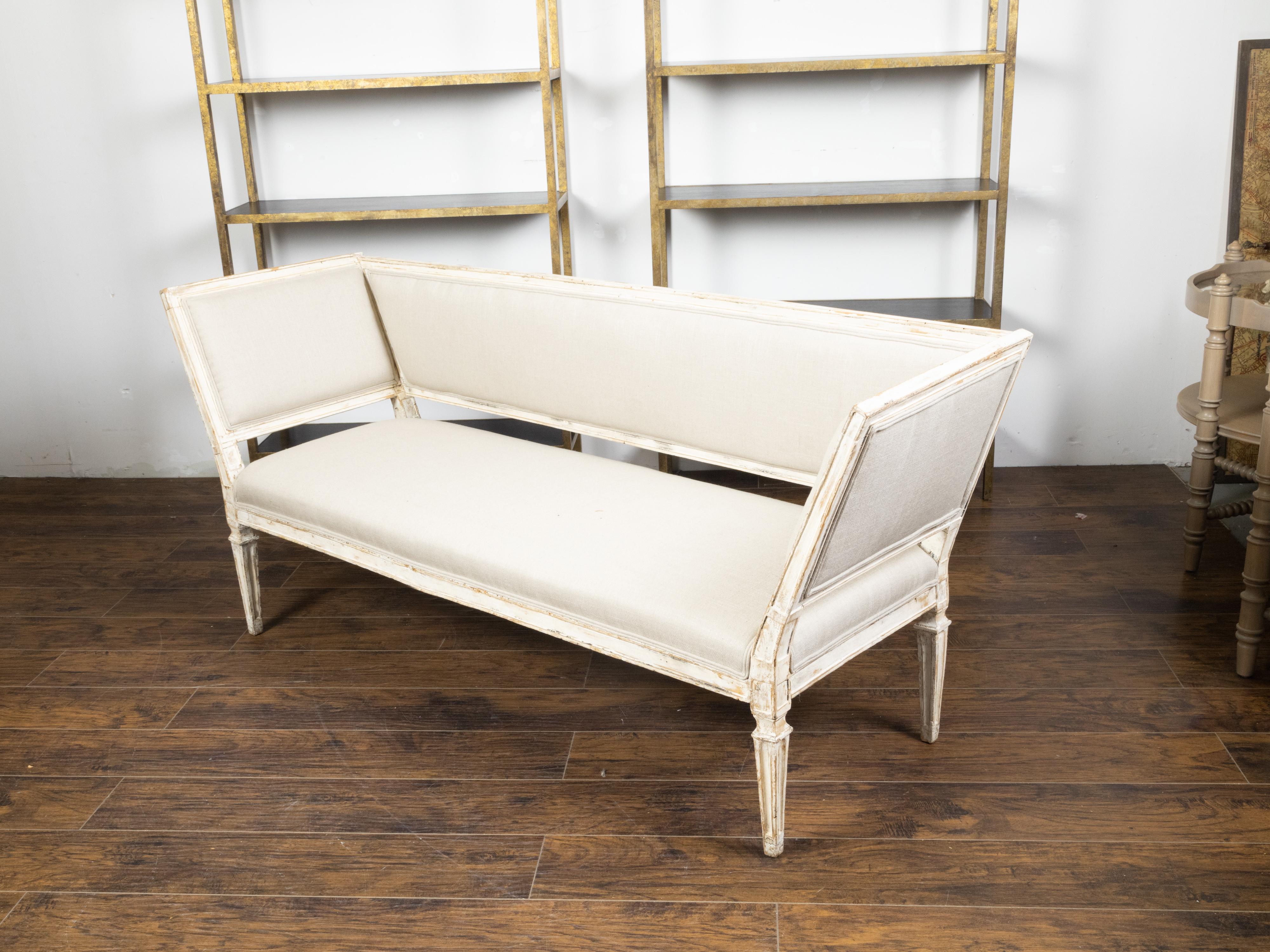 Italian 19th Century White Painted Sofa with Slanted Sides and Distressed Patina For Sale 3