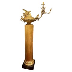 Antique Italian 19th Century Wood Pedestal with Bronze Candelabra of Cherubs and Wyvern