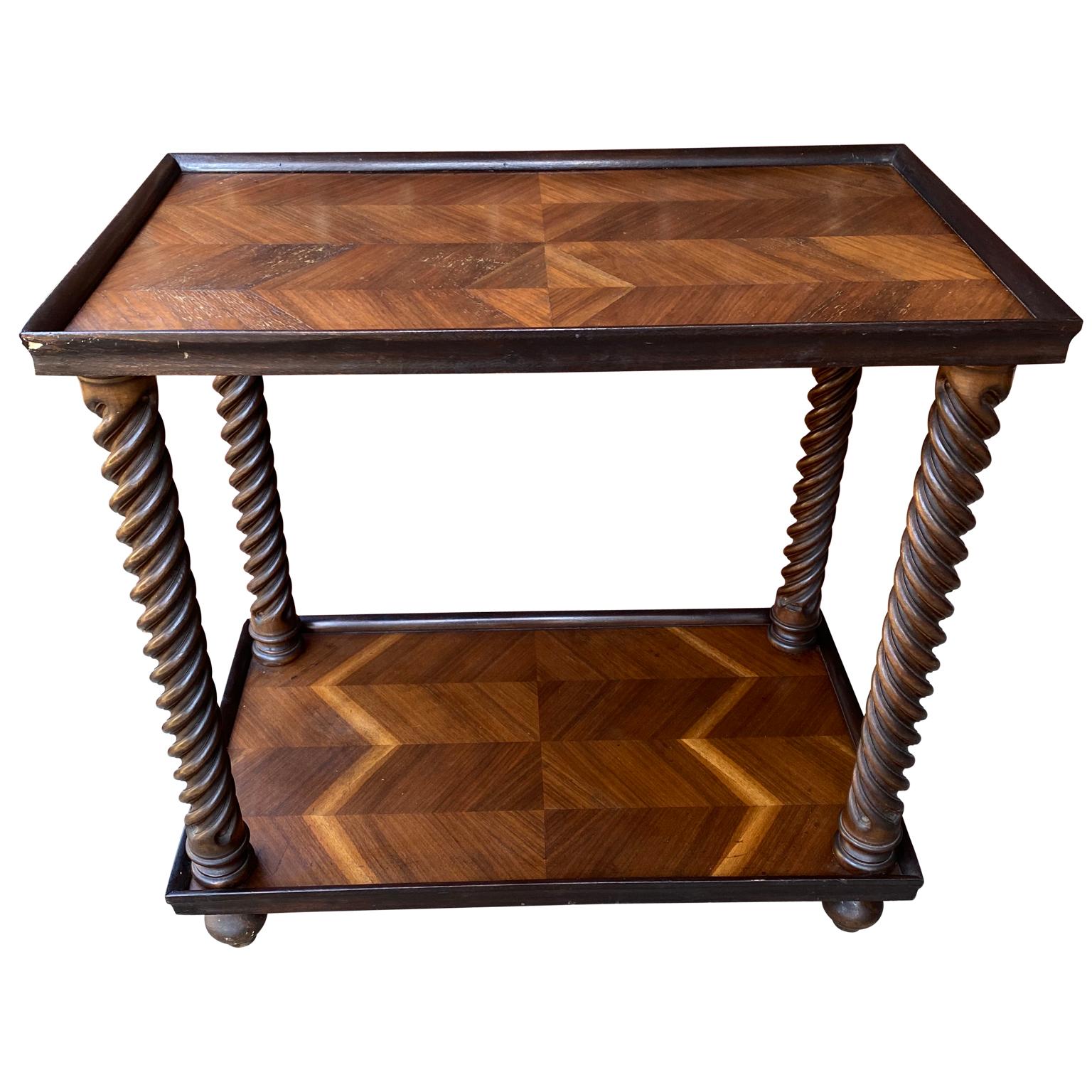 Italian 19th Century wooden inlaid two-tier bar cart.