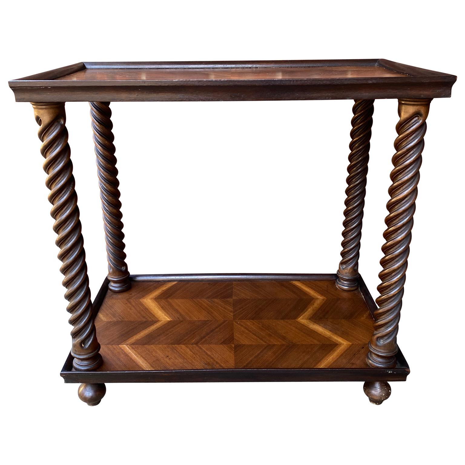Fruitwood Italian Late 19th Century Wooden Inlaid Two-Tier Bar Cart