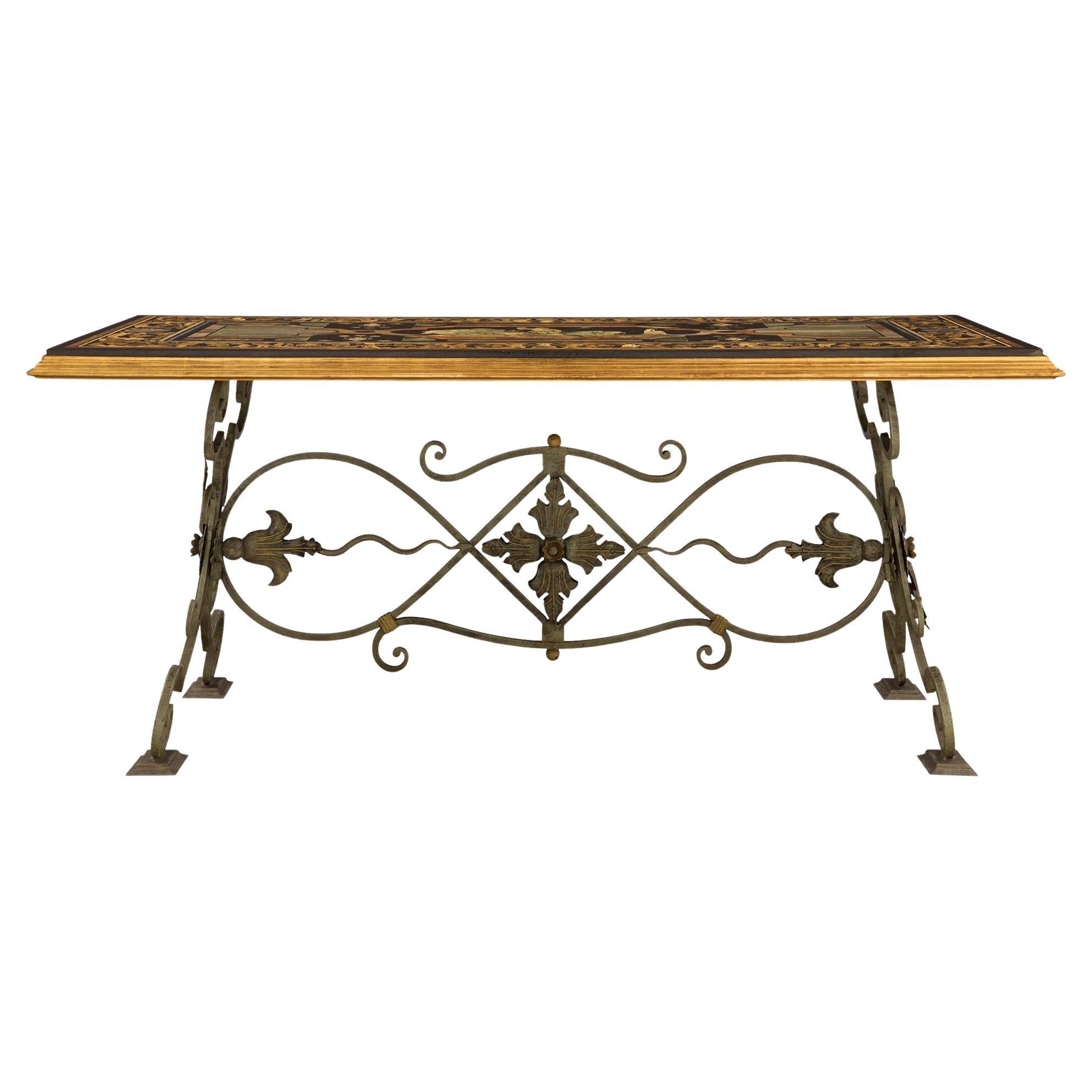 Table de décoration ou de salle à manger italienne du 19ème siècle en fer forgé, bois doré et Scagliola